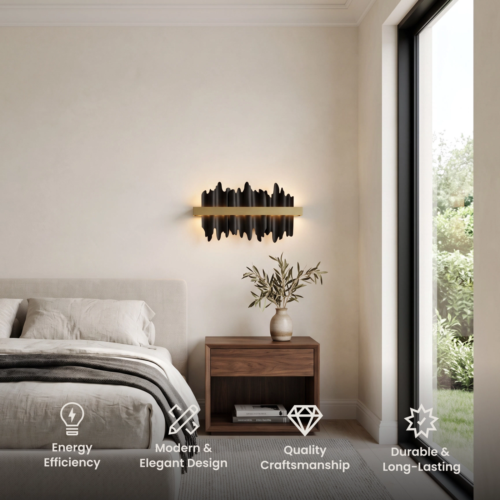 Aurelius Sconce Smart black and gold wall light above a bedside table, with feature icons