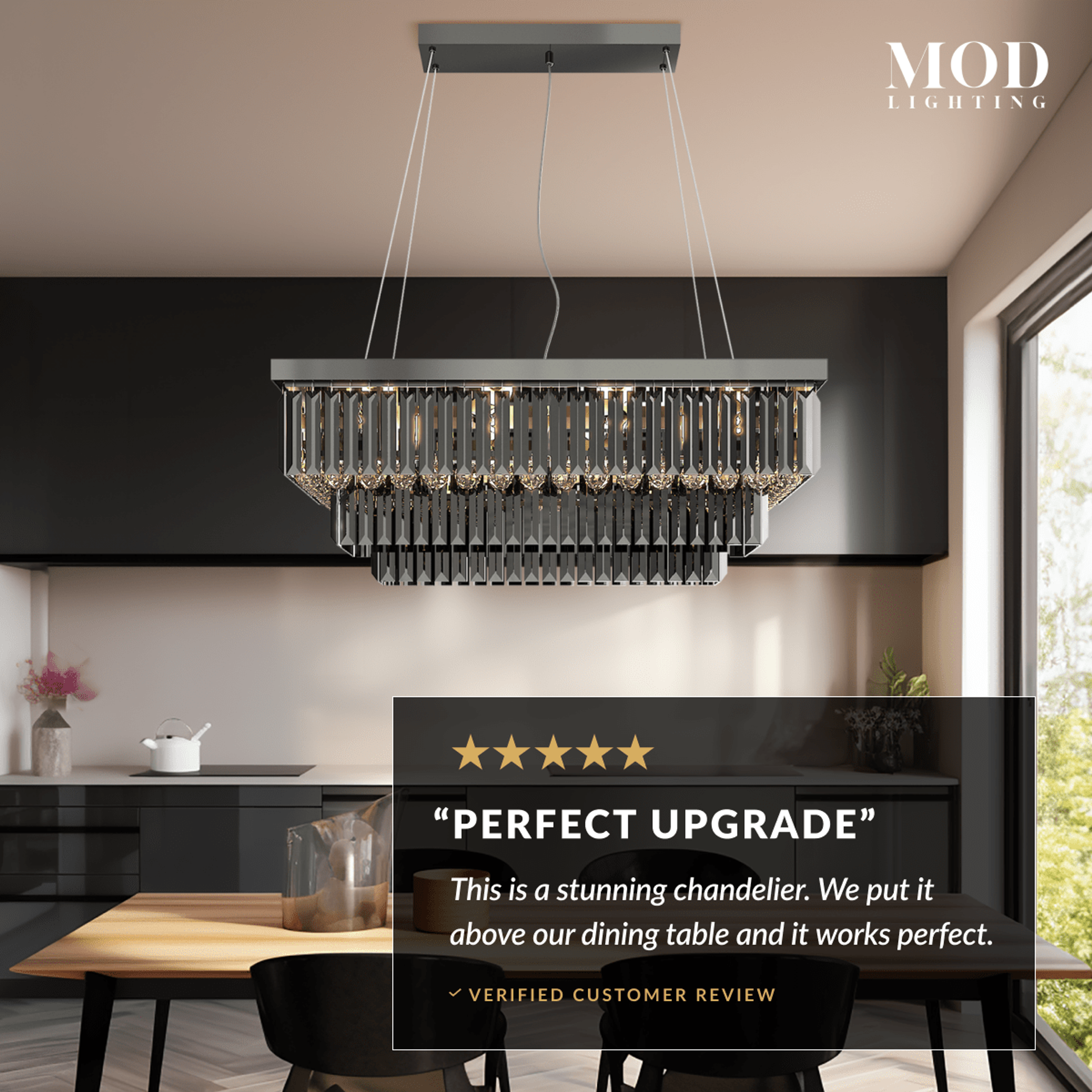 Umbra smoke-grey crystal chandelier over a dining table, five-star customer review overlay