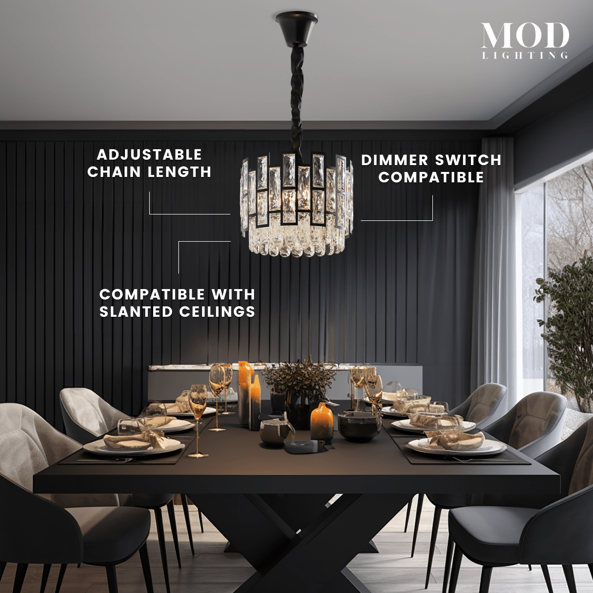 Mini Raven black crystal pendant over a dining table, callouts: adjustable chain, dimmer, slanted-ceiling compatible
