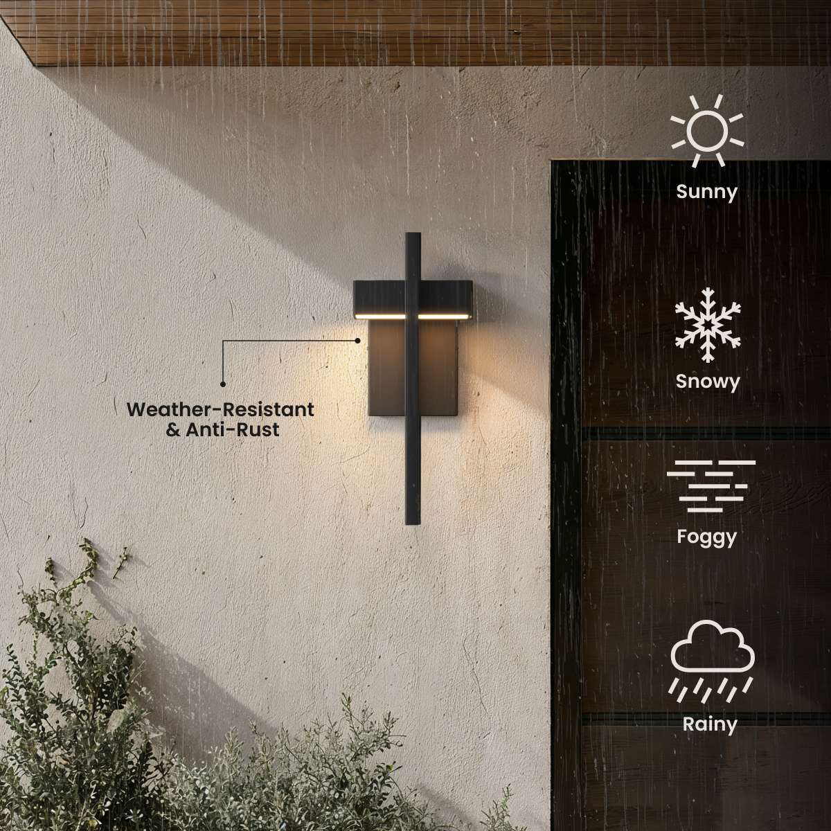Terri black outdoor sconce on a wall, callout: weather-resistant and anti-rust, rated for sunny, snowy, foggy, rainy