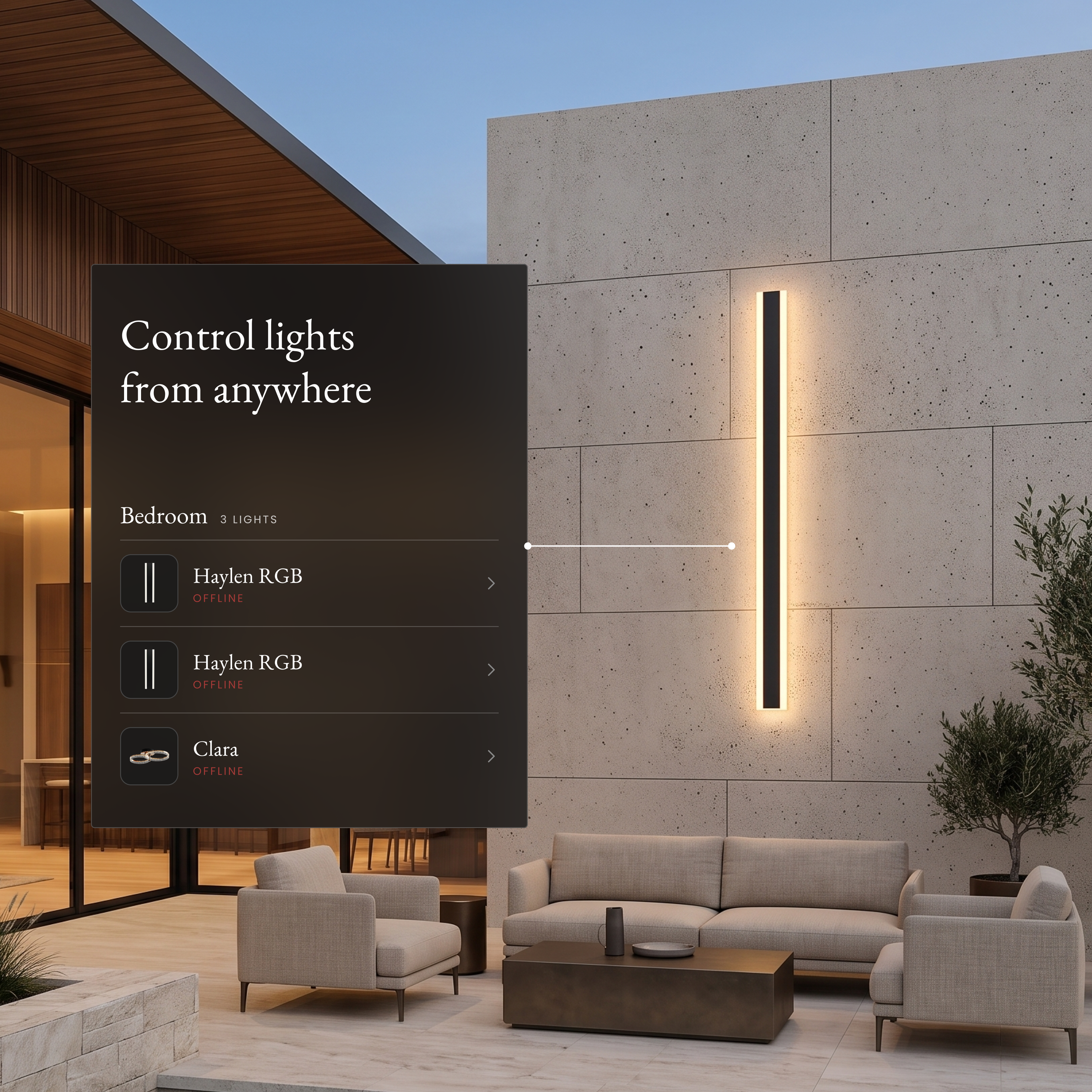 Haylen black LED bar light on a patio wall with app screen for controlling lights from anywhere