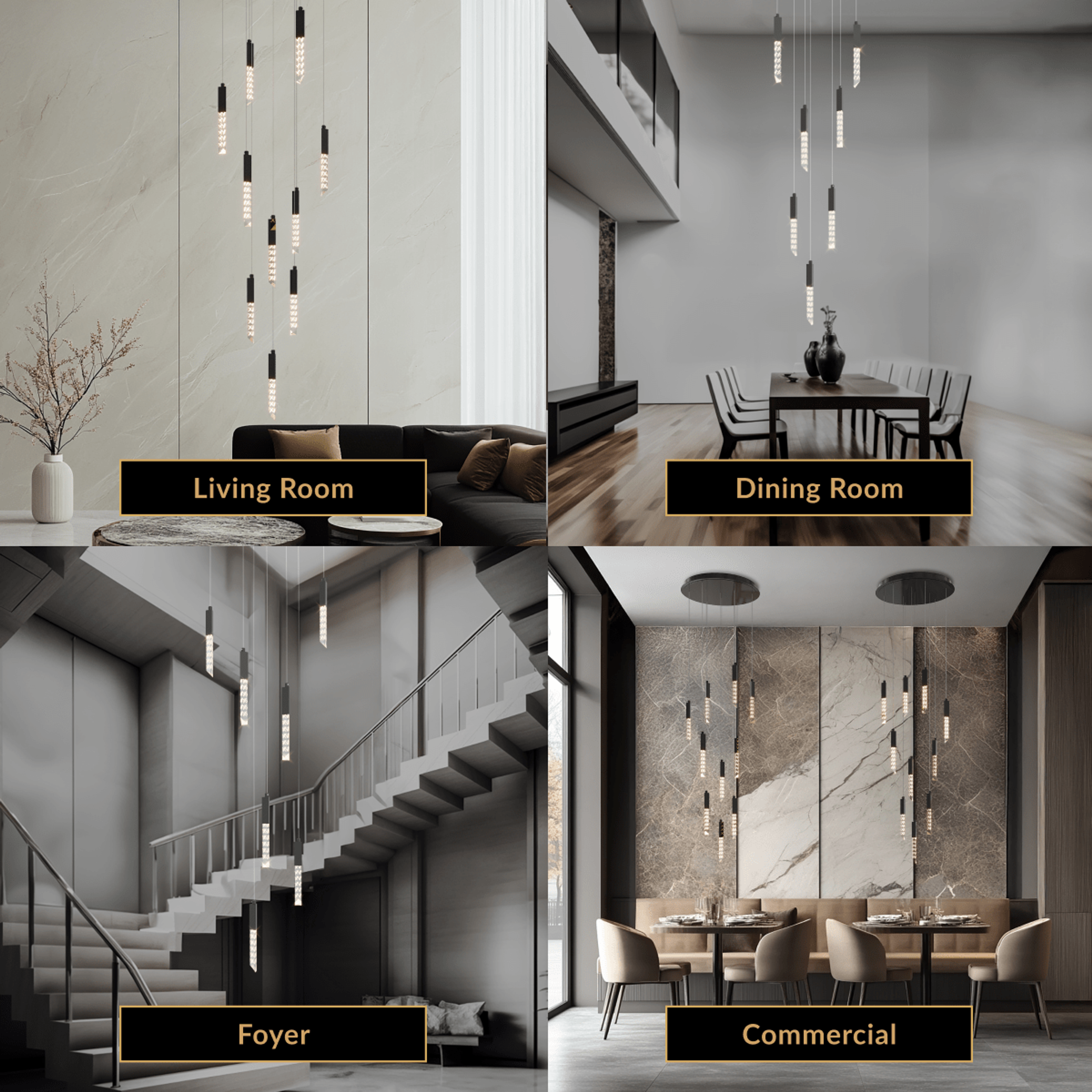 Cosmo cascading spike pendants shown in living room, dining room, foyer and commercial settings
