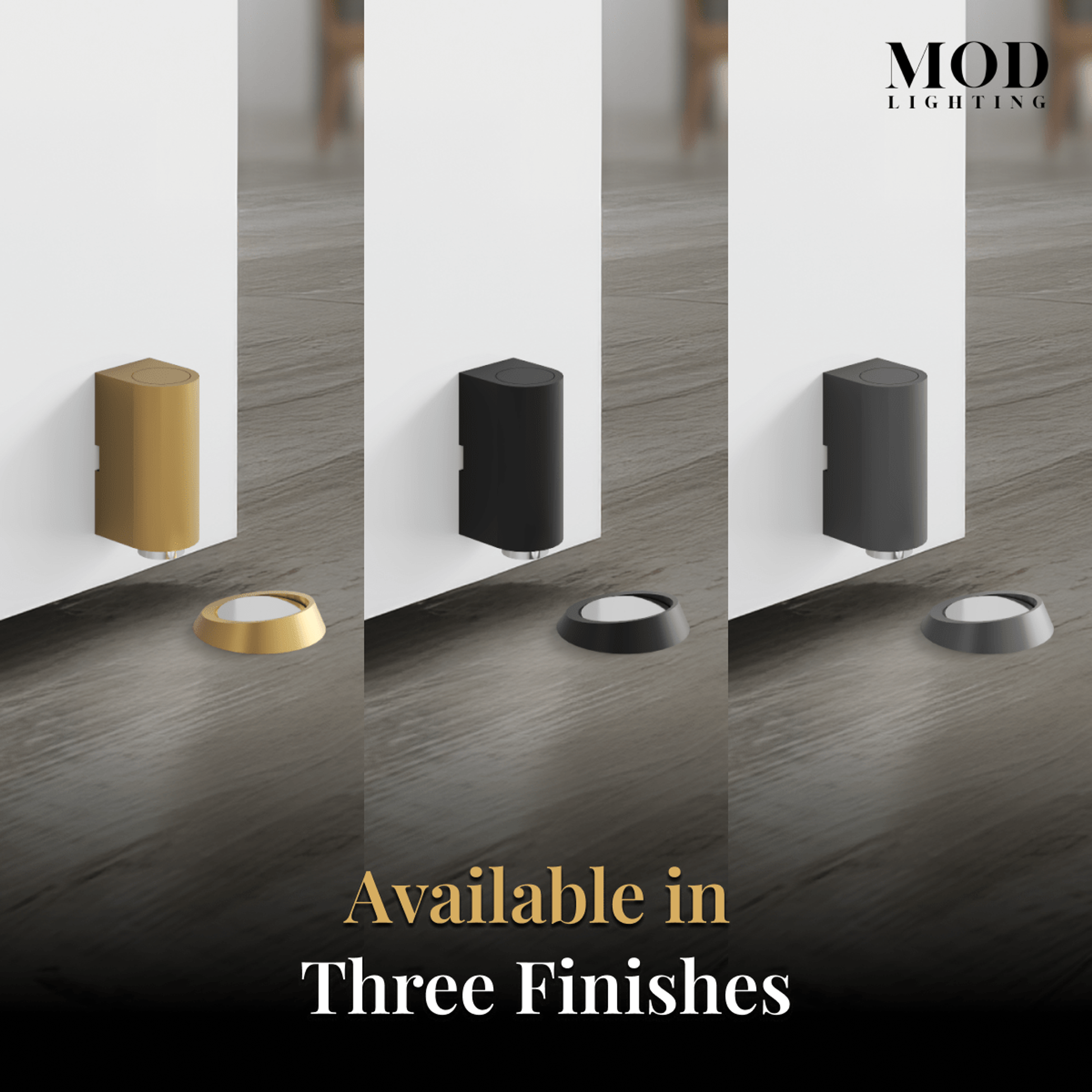 Cavo cylindrical door stop shown in brushed gold, matte black and matte grey finishes