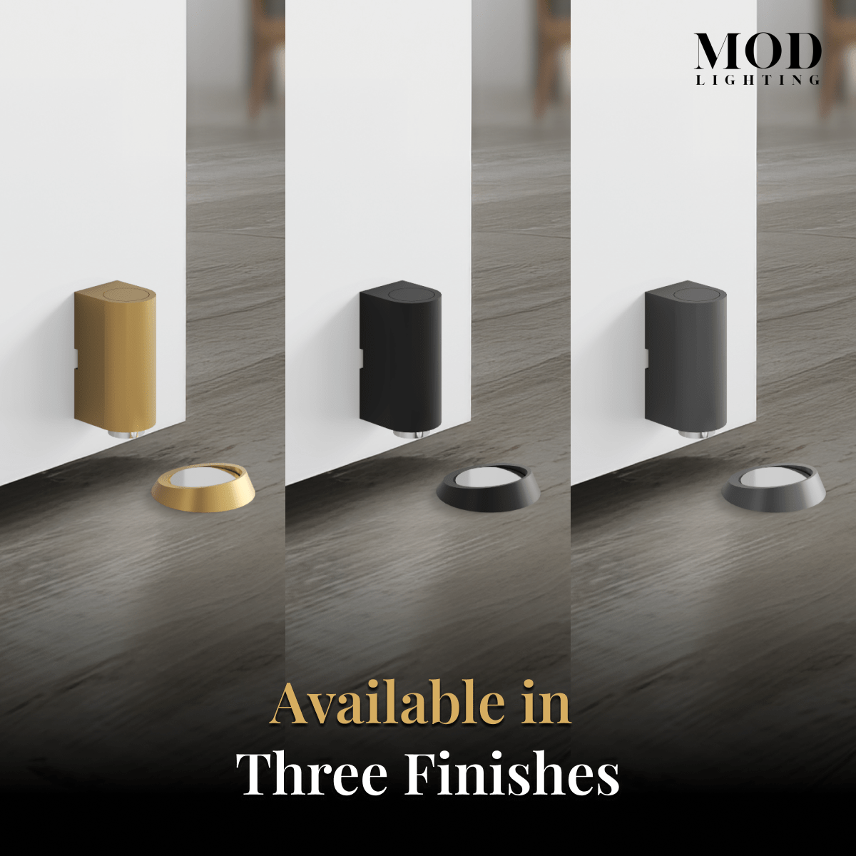 Cavo cylindrical door stop shown in brushed gold, matte black and matte grey finishes