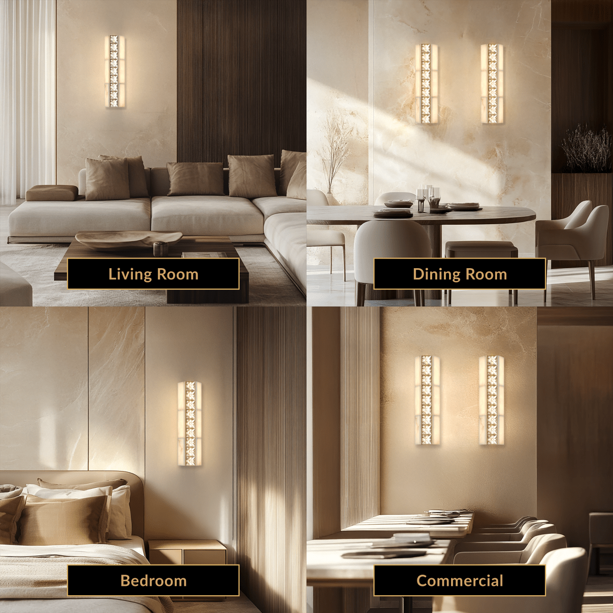 Seraphine Sconce gold alabaster wall light with crystal accents shown in living, dining, bedroom and commercial rooms