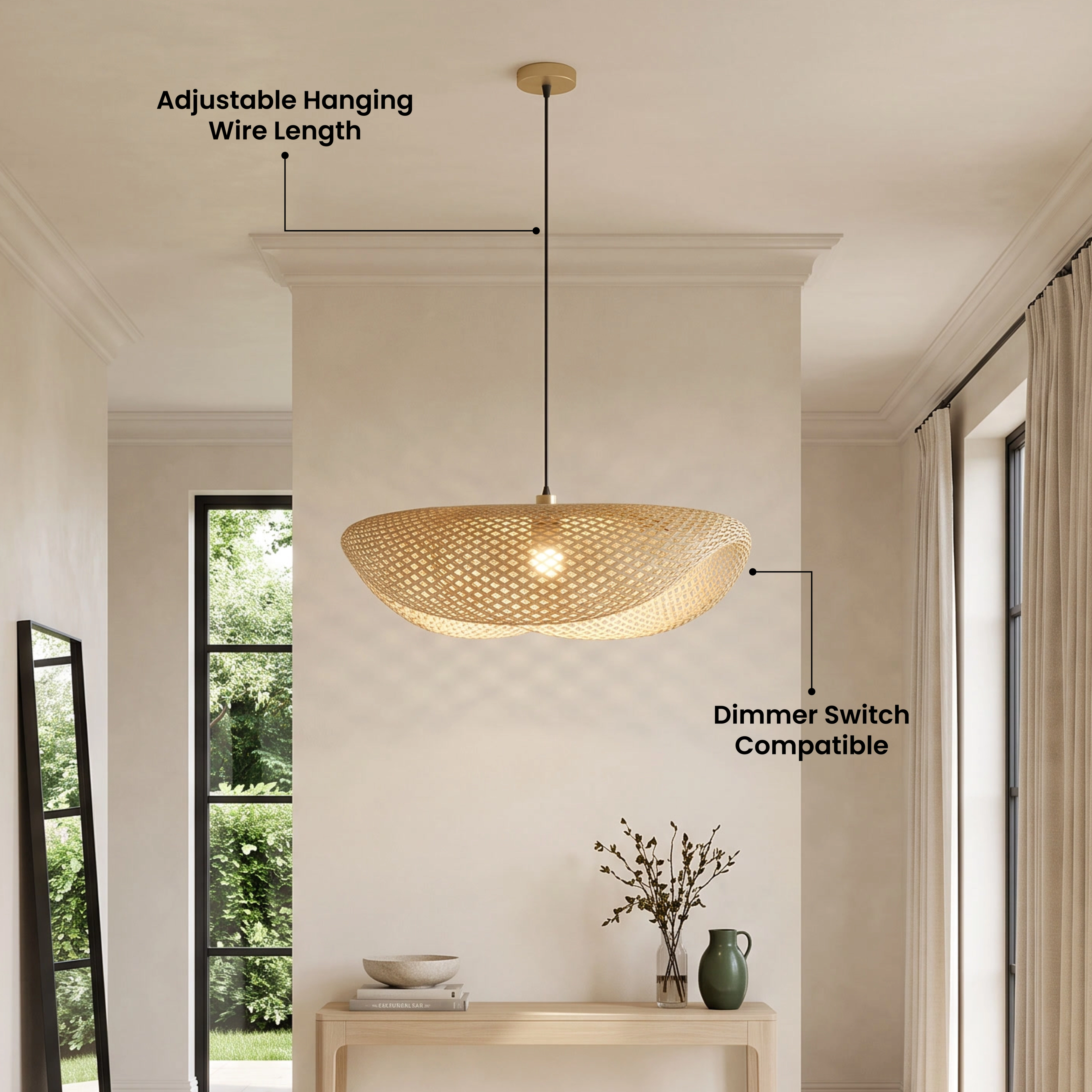 Liora bamboo pendant, wide draped woven disc, over a kitchen island in warm white, 3000K