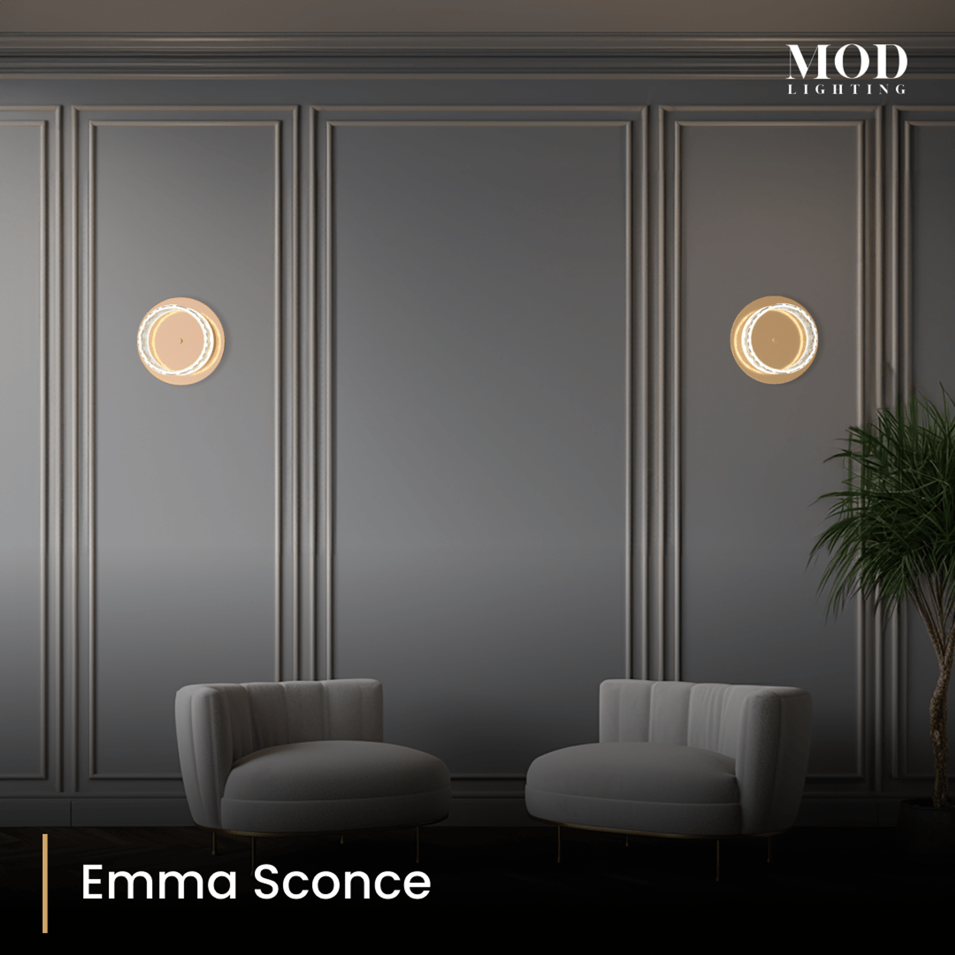 Emma round crystal-ring sconces flanking a gray paneled wall above two accent chairs