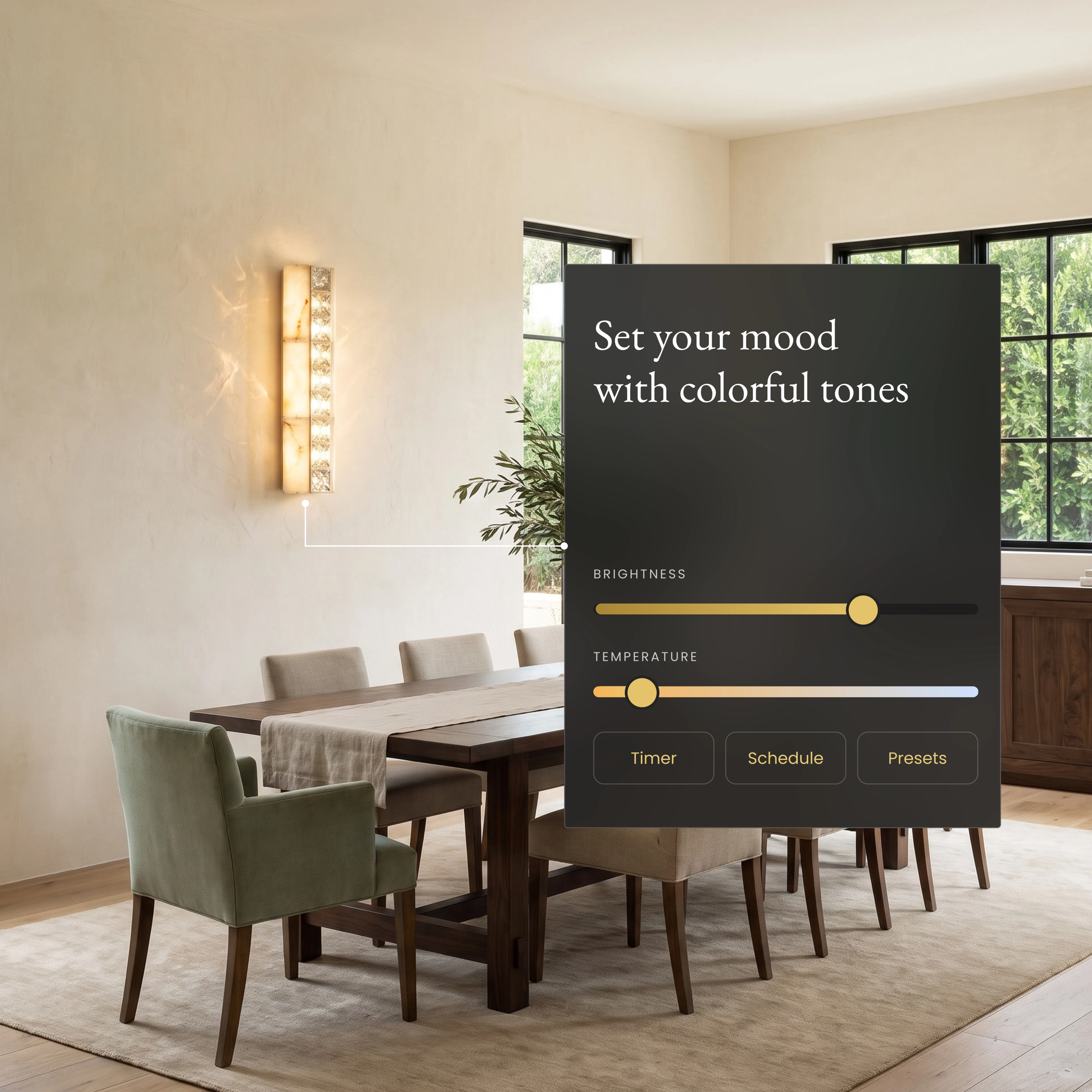 Seraphine Sconce Smart crystal wall sconce in a dining room beside an app panel for brightness and color temperature