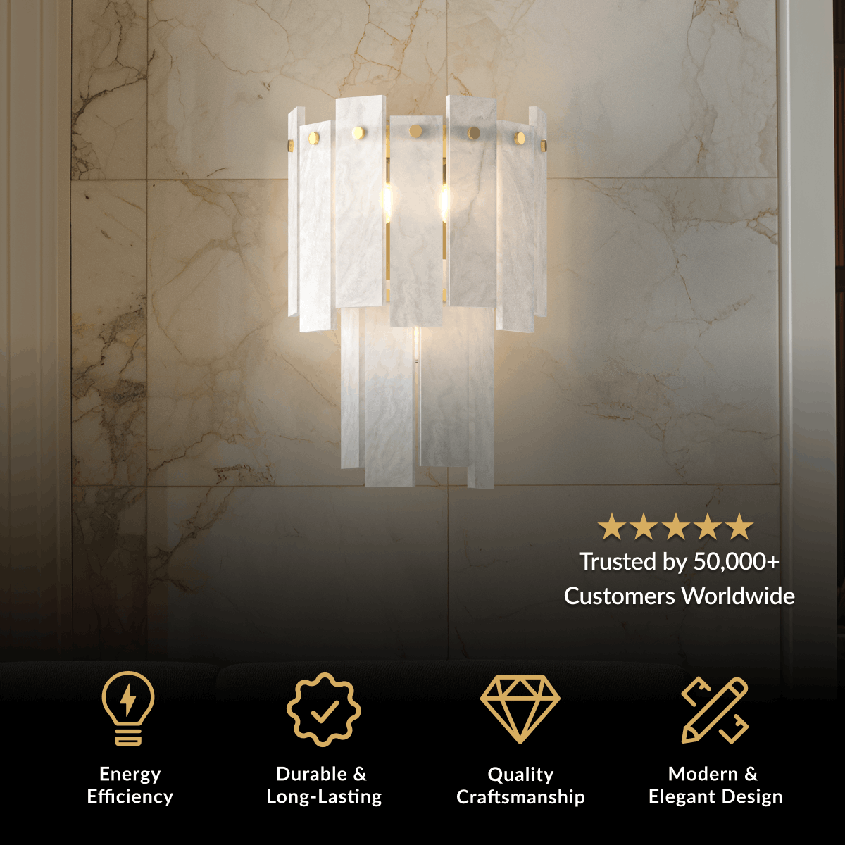 Velina alabaster wall sconce, gold frame with textured white alabaster panels on a marble wall
