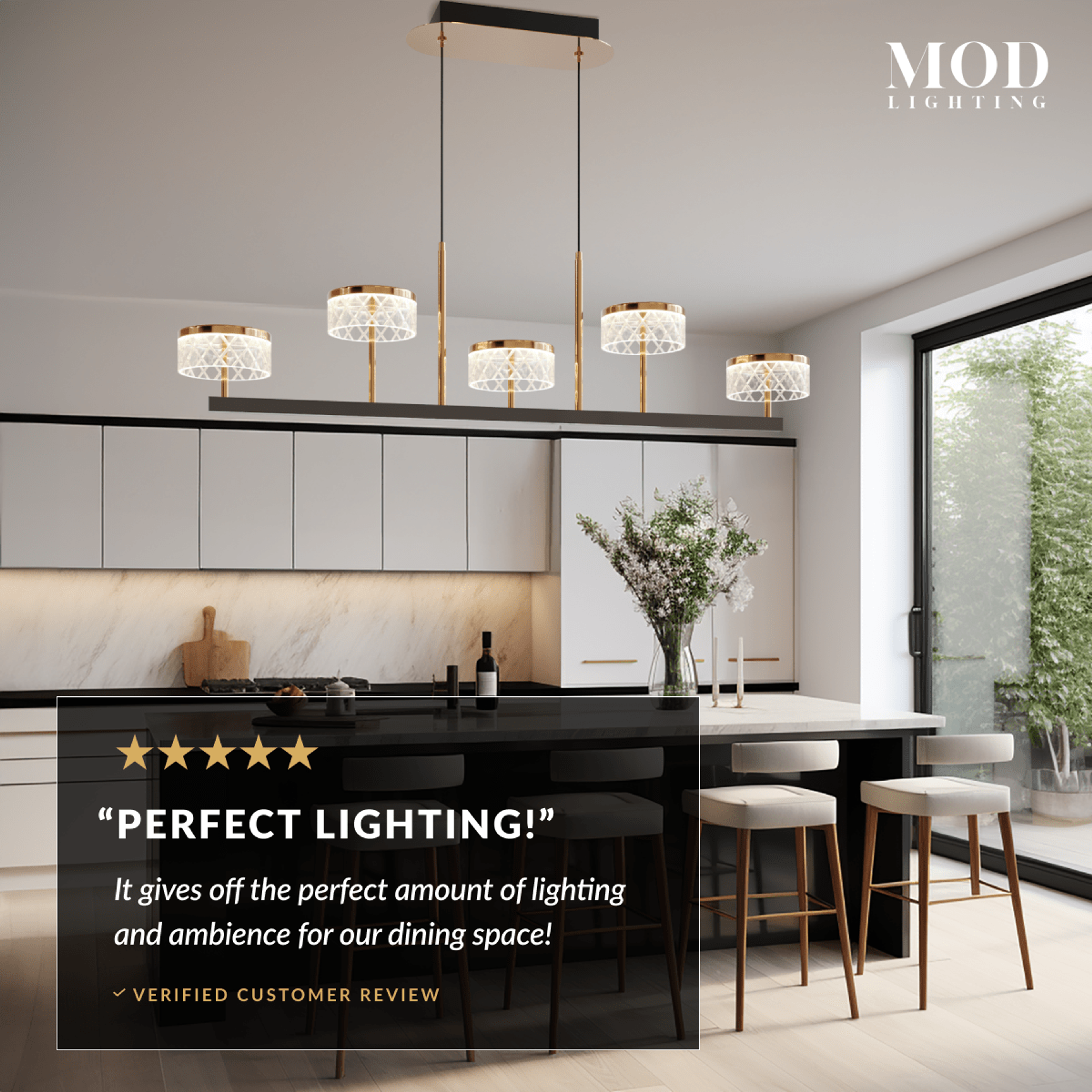 Emma five-light linear pendant over a kitchen island, with a five-star customer review overlay