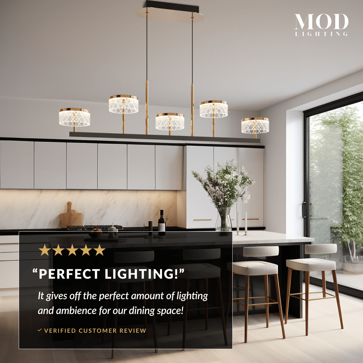 Emma five-light linear pendant over a kitchen island, with a five-star customer review overlay