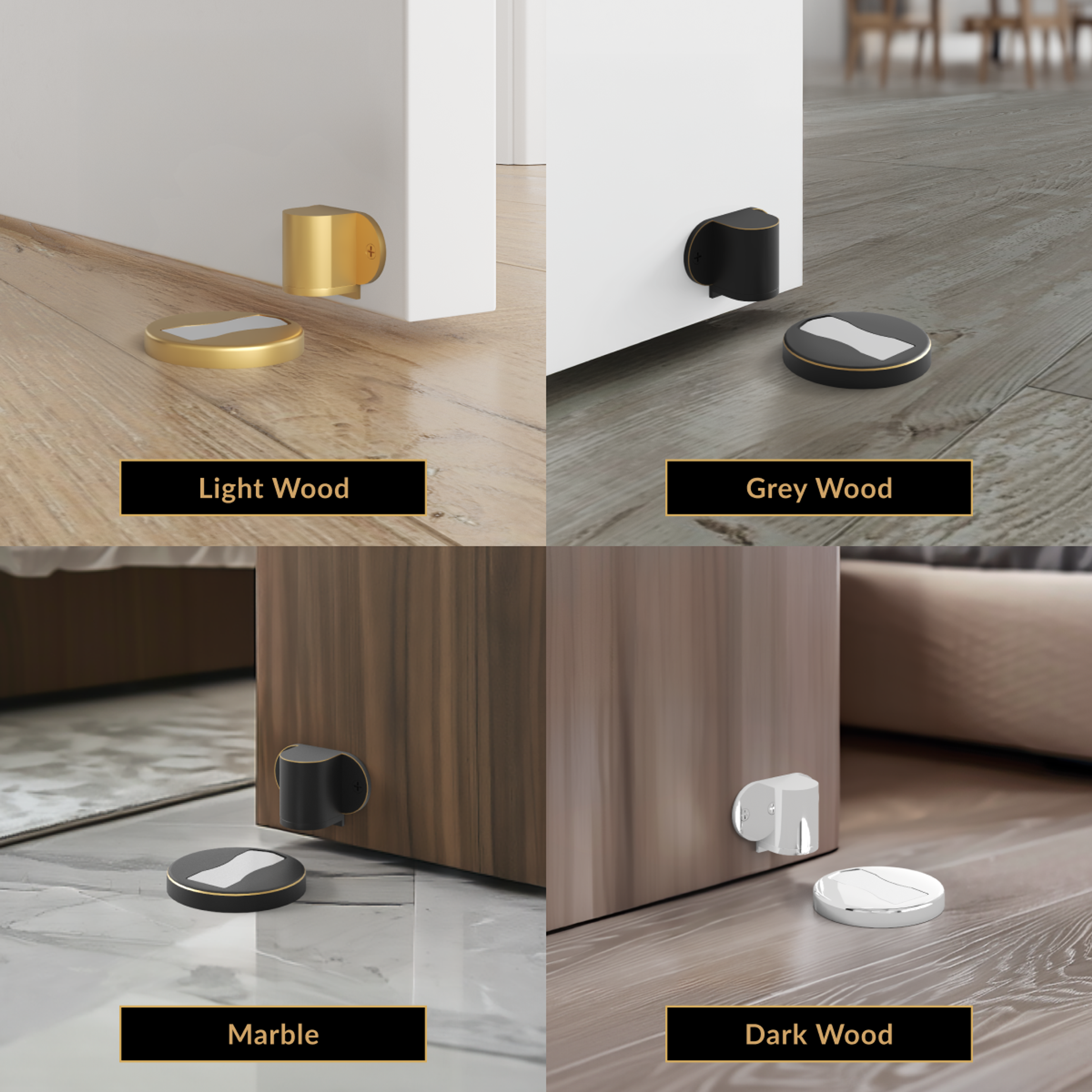 Moro door stop shown by a door over light wood, grey wood, marble and dark wood floors