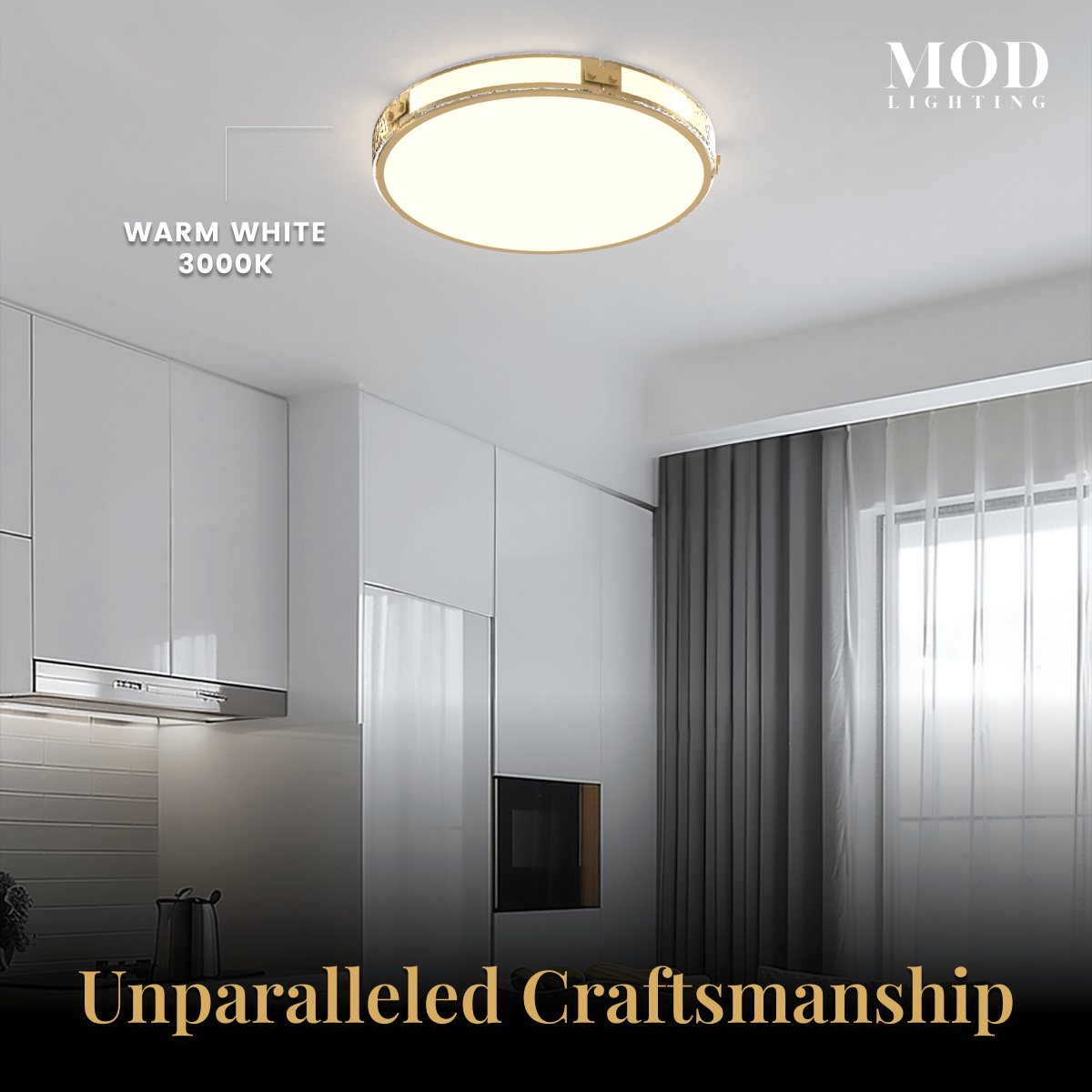 Orielle brushed-gold crystal flush-mount ceiling light in a kitchen, warm white 3000K