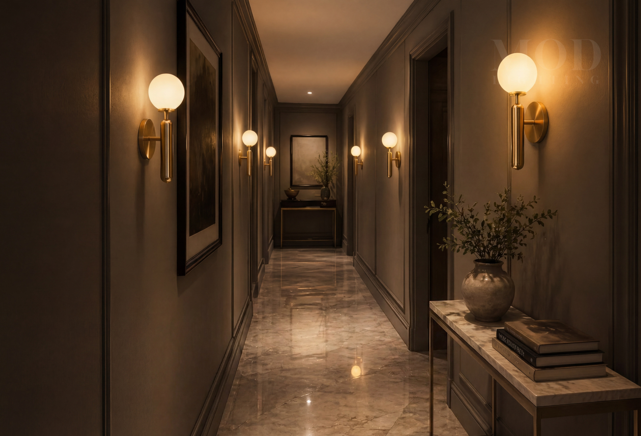 Narrow entryway transformed by warm wall sconces and uplighters