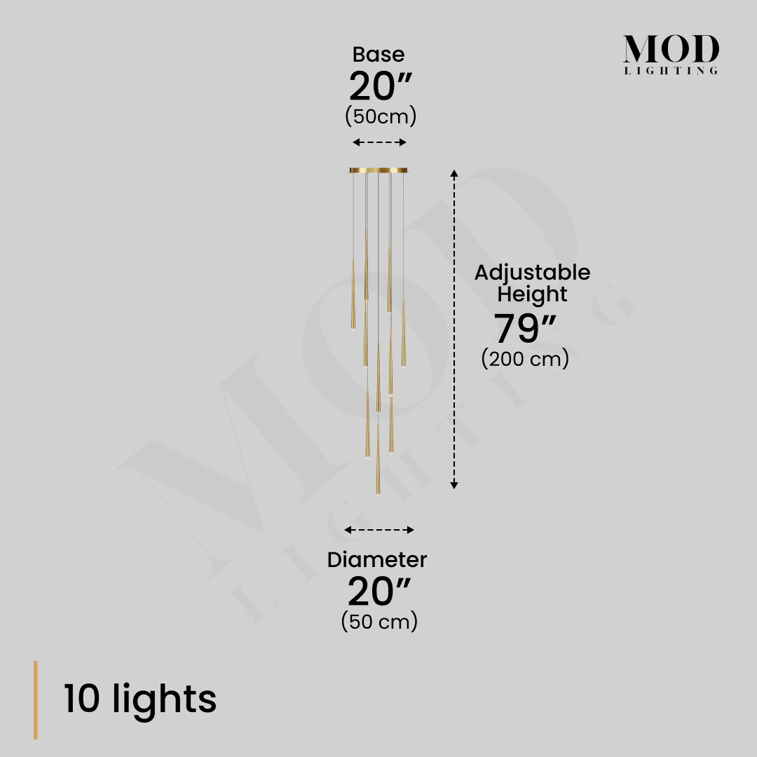 Jasper cascade pendant diagram: 10 lights, 20-inch base and diameter, 79-inch adjustable height
