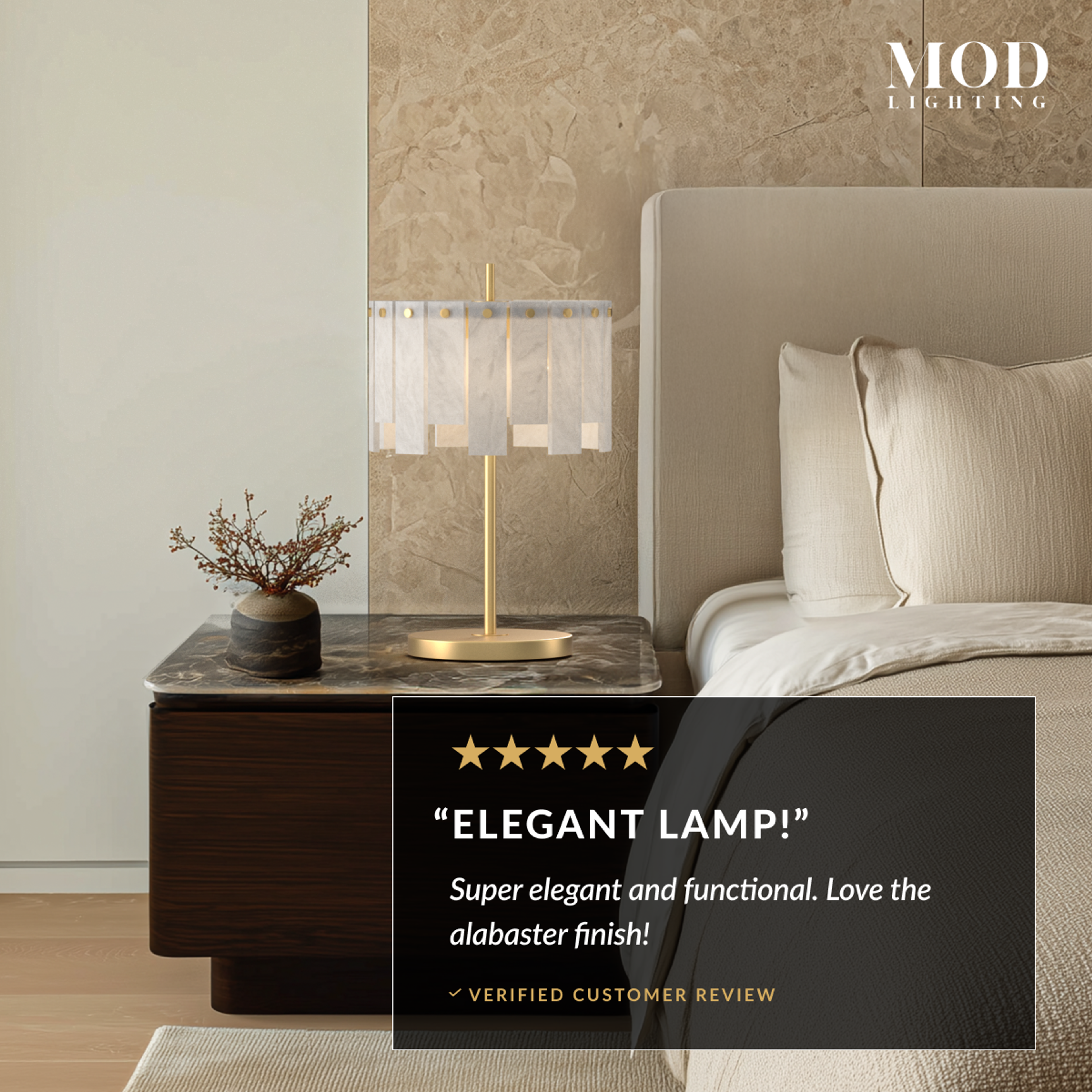 Velina Table Lamp gold base with panelled alabaster shade on a marble nightstand beside a bed