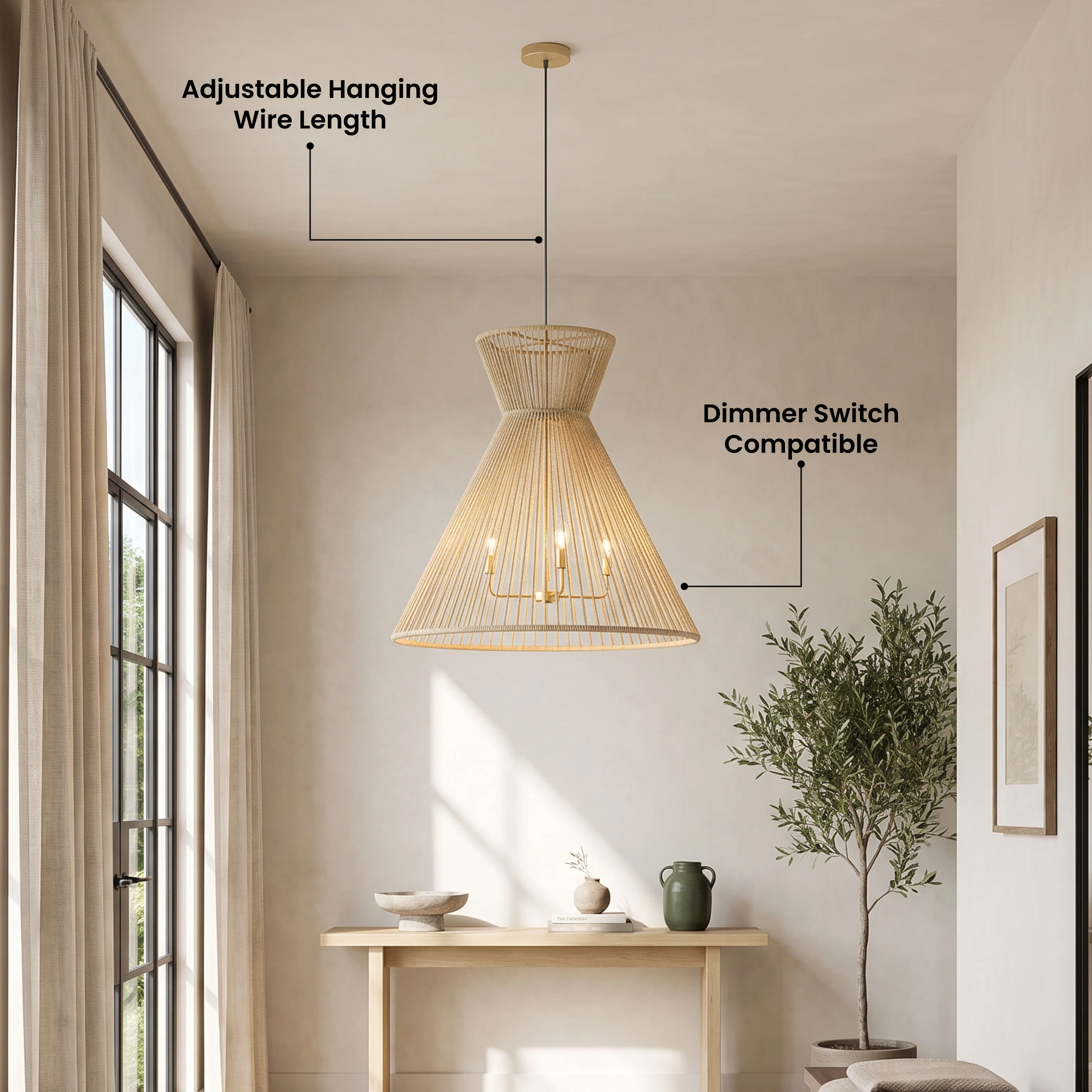 Isla hemp rope pendant, flared hourglass cone form, over armchairs in a sunlit arched room