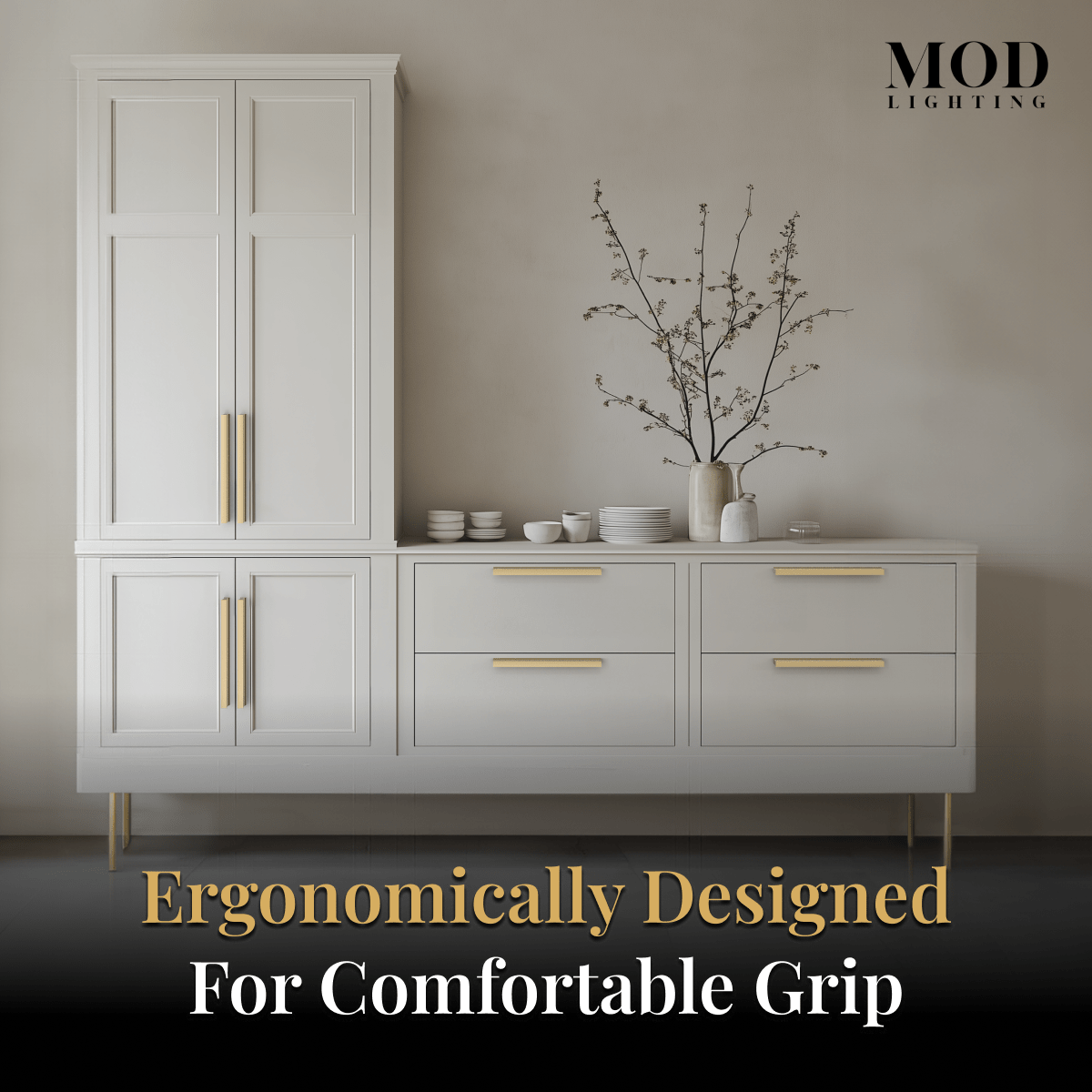 Iris brushed-gold edge cabinet pulls on white cabinets and drawers, captioned ergonomically designed for comfortable grip