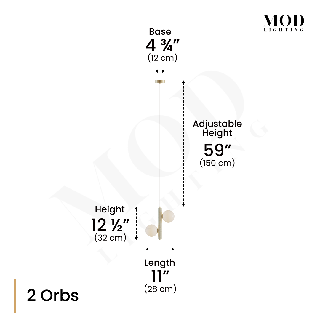 Arabella Pendant, 2-orb travertine version, dimension diagram: 12.5 in fixture height, 11 in length, 59 in adjustable height