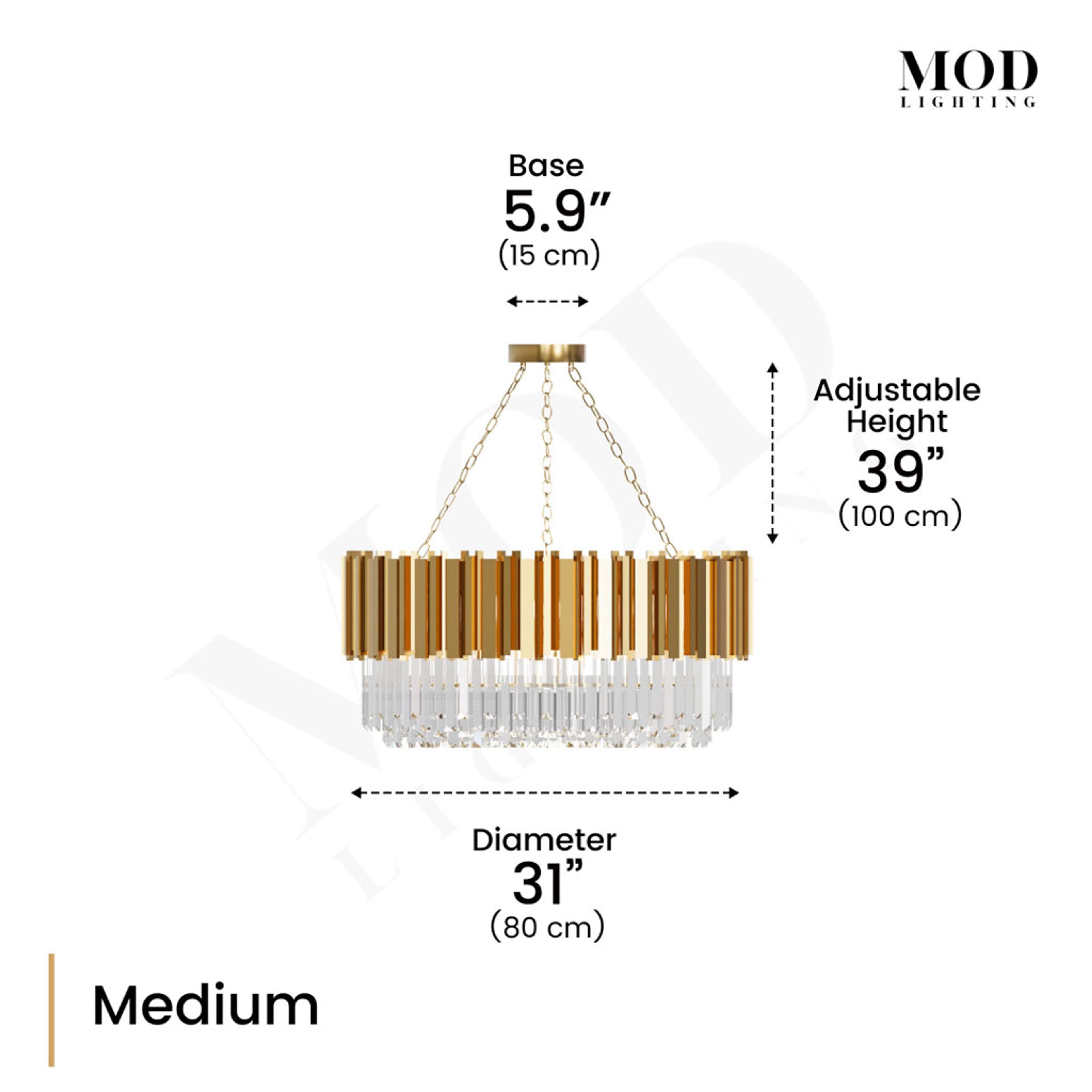 Athena Medium dimension diagram: gold crystal chandelier, 31 in (80 cm) diameter, 39 in adjustable height
