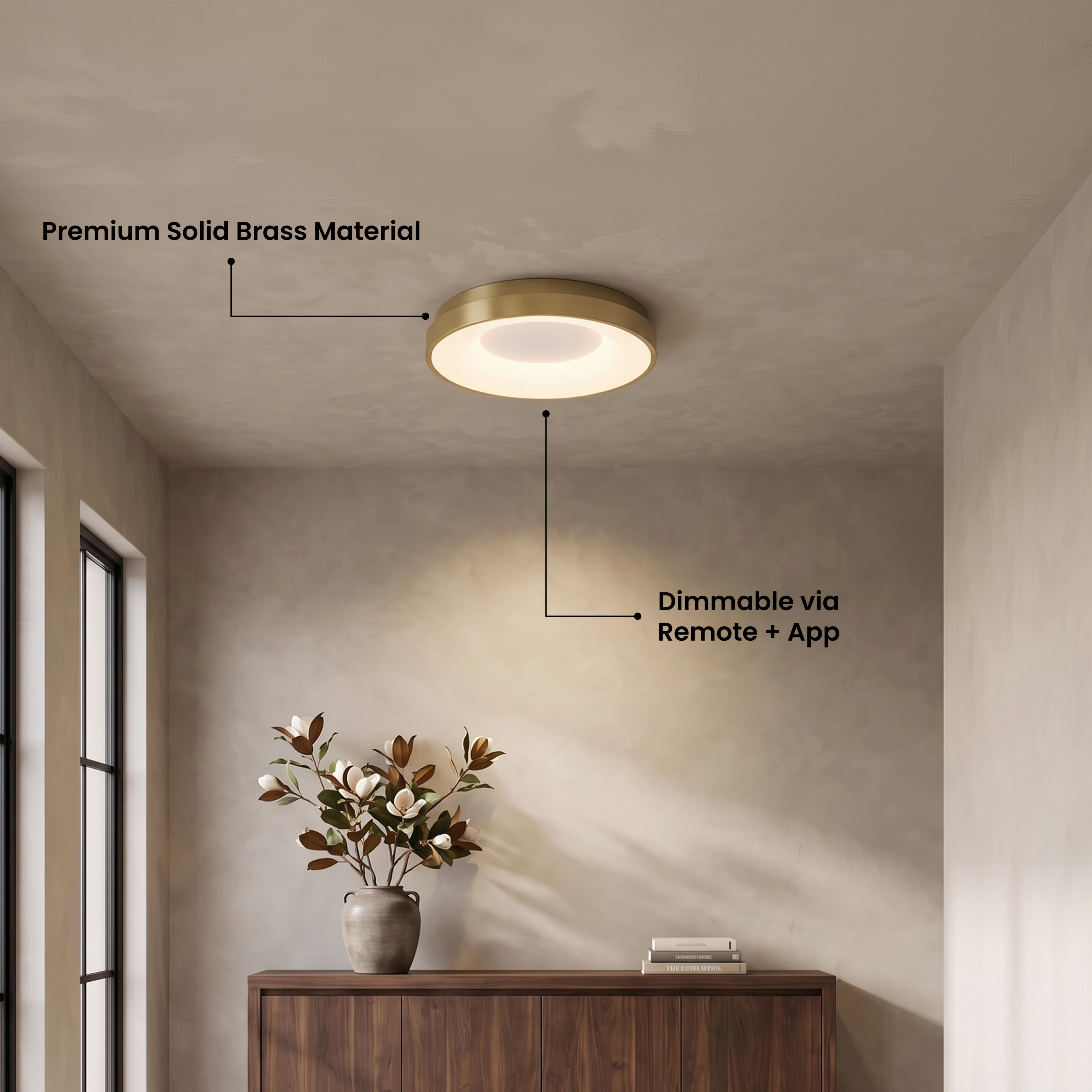 Bryce Smart ceiling light with callouts for premium solid brass and dimming by remote and app