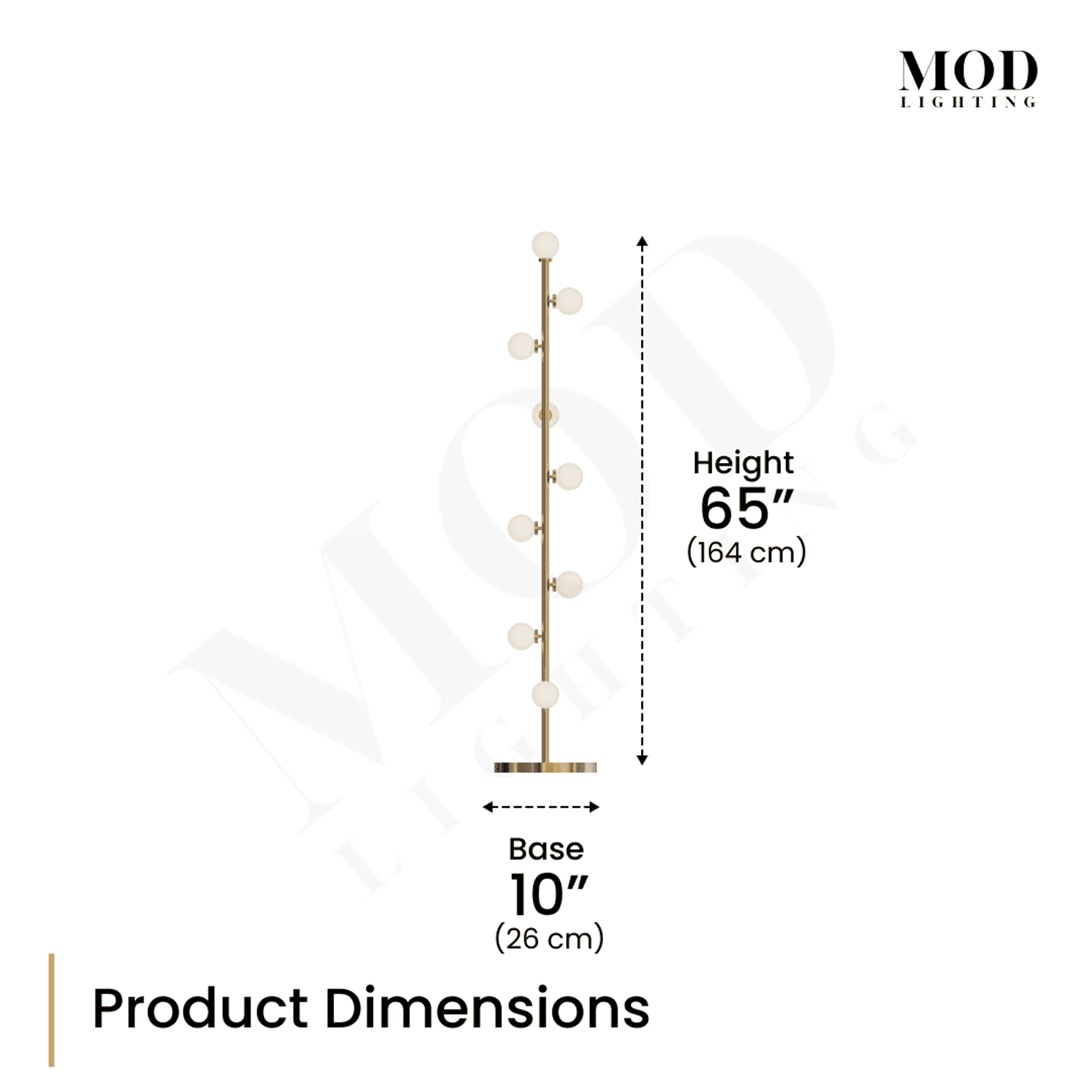 Pearl floor lamp dimension diagram: gold stem with staggered frosted glass globes, 65 in height, 10 in base
