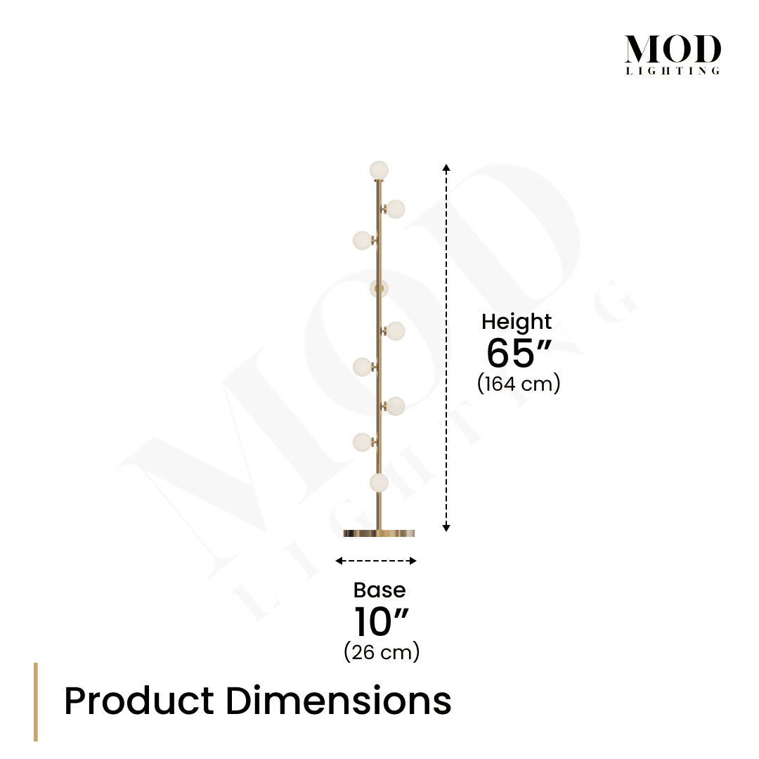 Pearl floor lamp dimension diagram: gold stem with staggered frosted glass globes, 65 in height, 10 in base