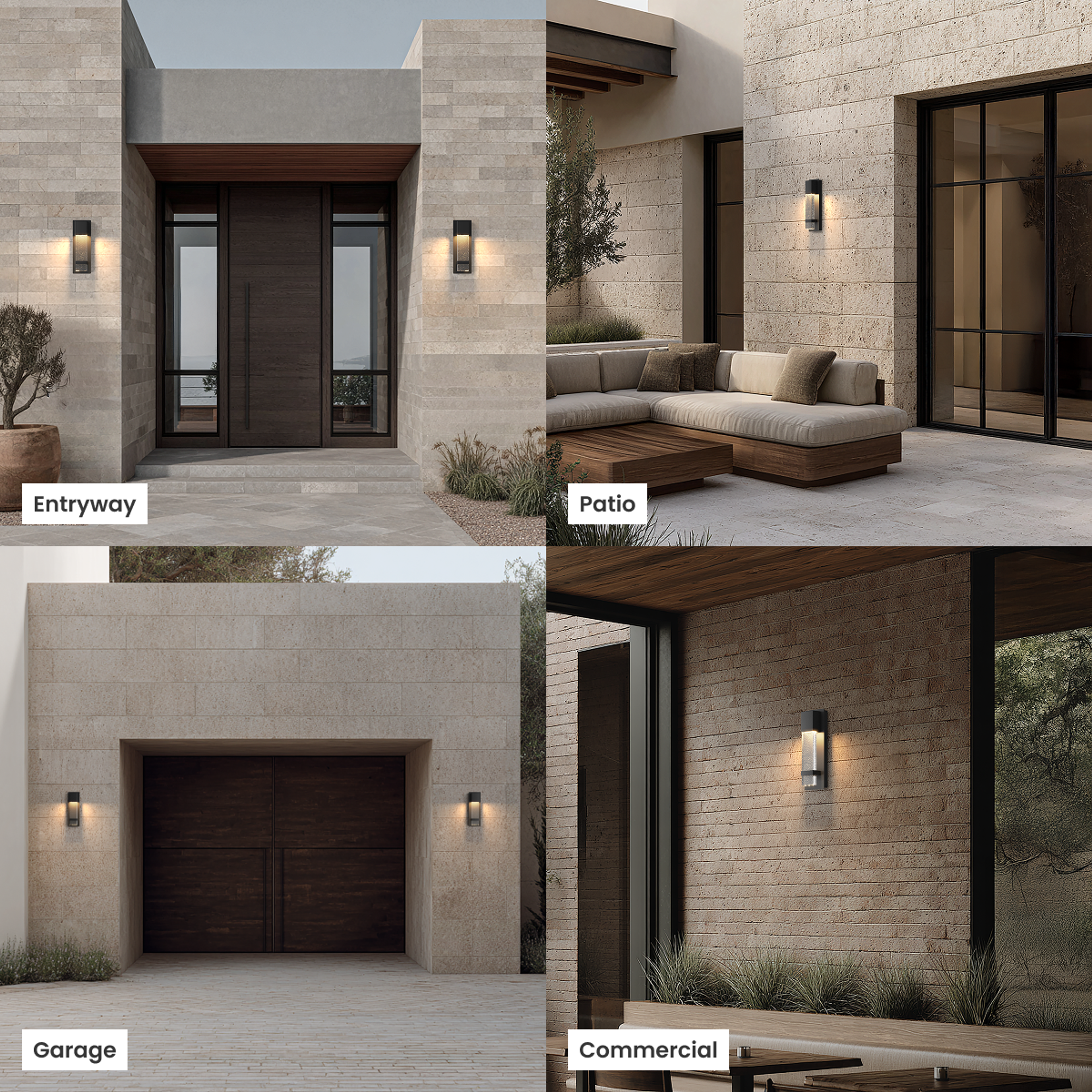 Nova black outdoor sconces shown in entryway, patio, garage and commercial exterior settings