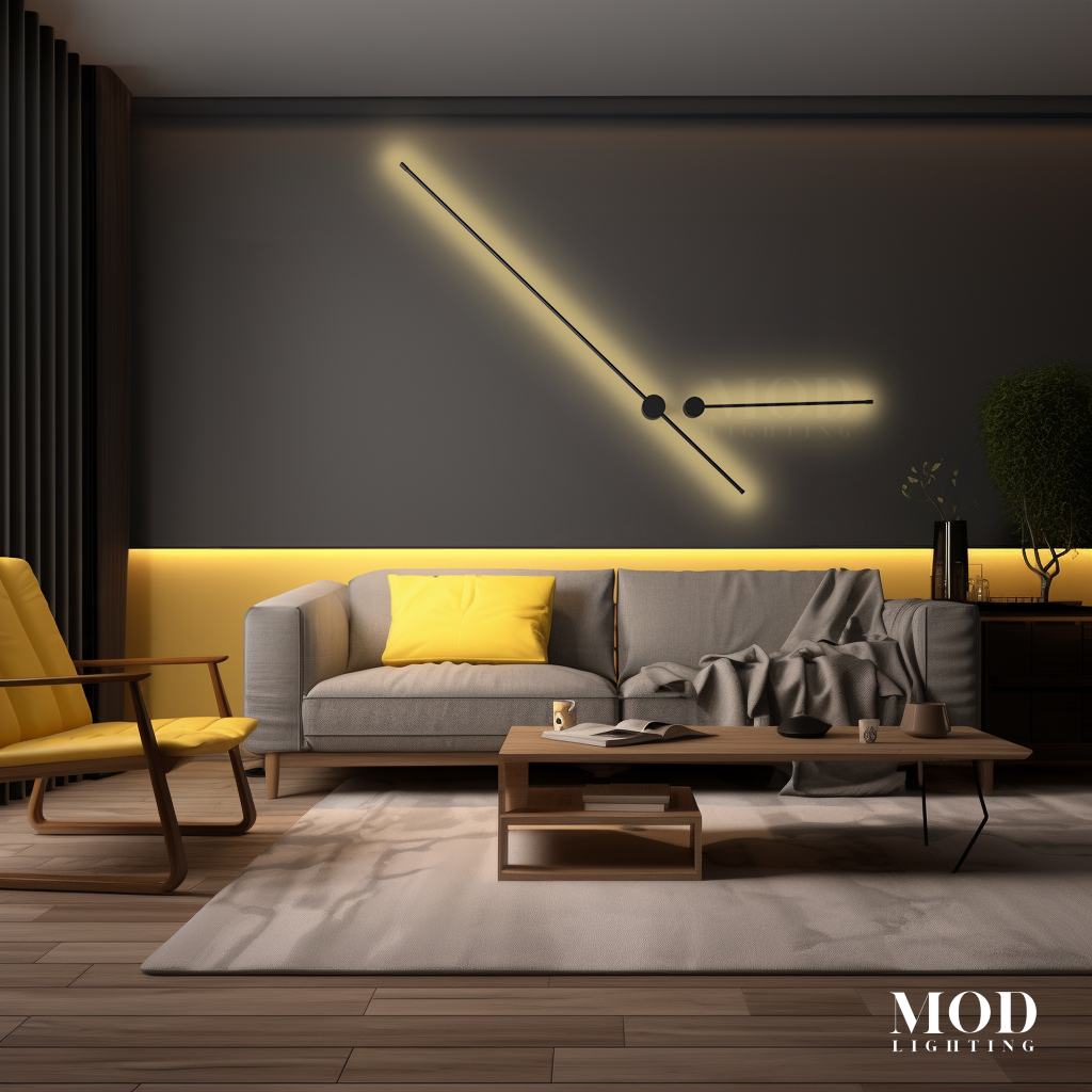 Cadel wall light, angled gold LED bars with black joints, above a grey sofa lit warm yellow