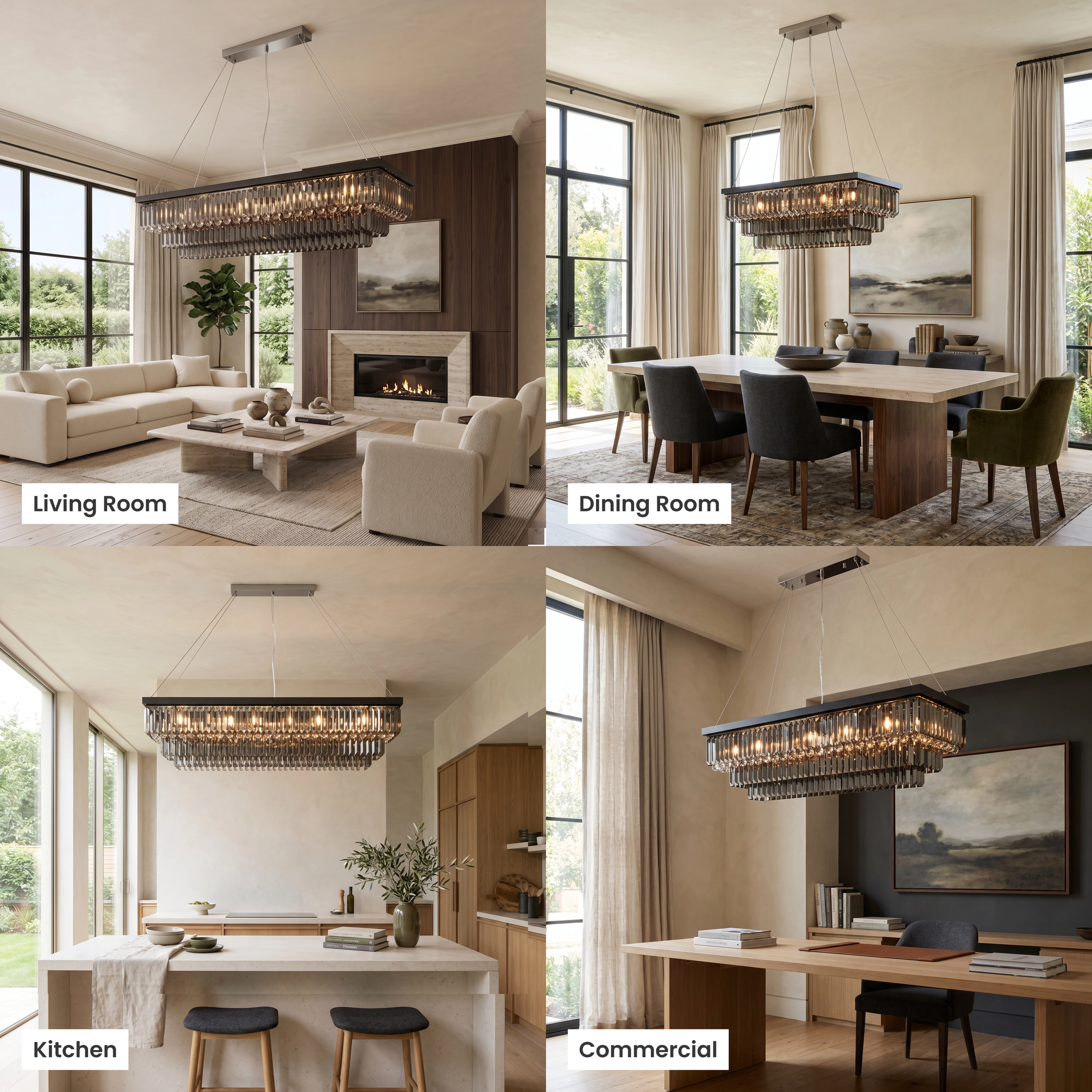 Umbra black crystal chandelier shown in living room, dining room, bedroom and commercial settings
