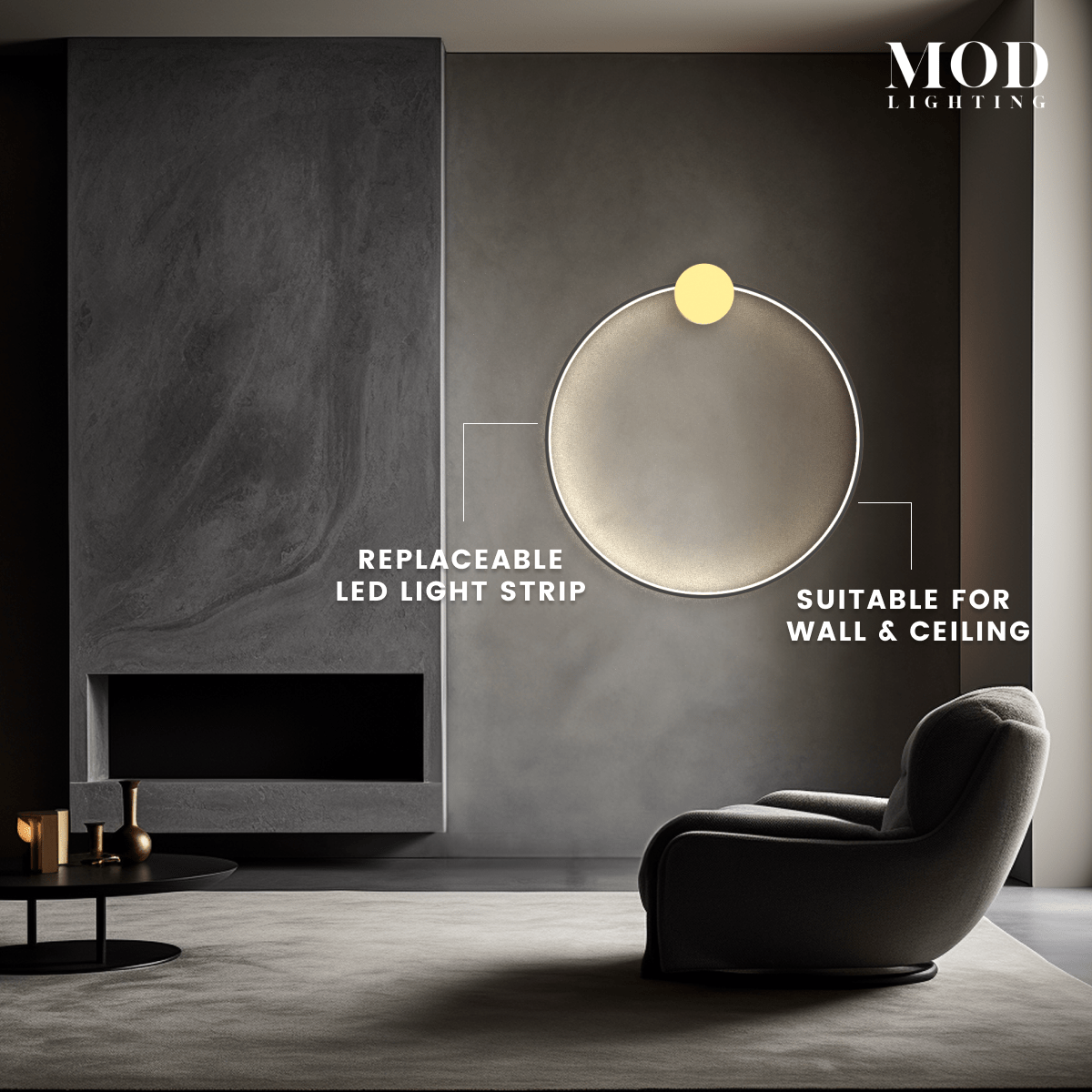 Halo wall lamp, gold glowing ring with black disc, warm white, mounted above a bedroom console