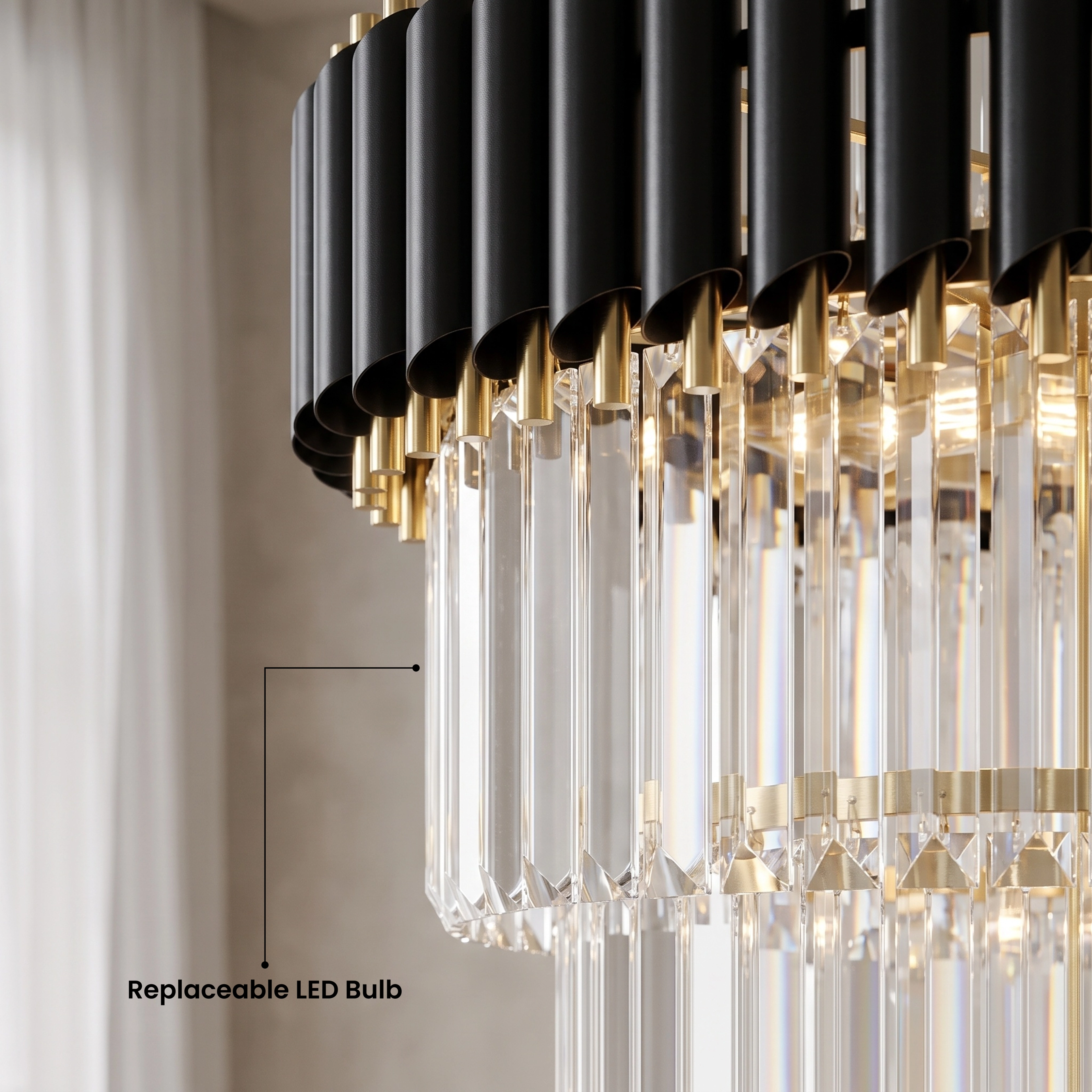 Onyx tall spiral crystal chandelier in warm white 3000K over a sofa, available in four sizes