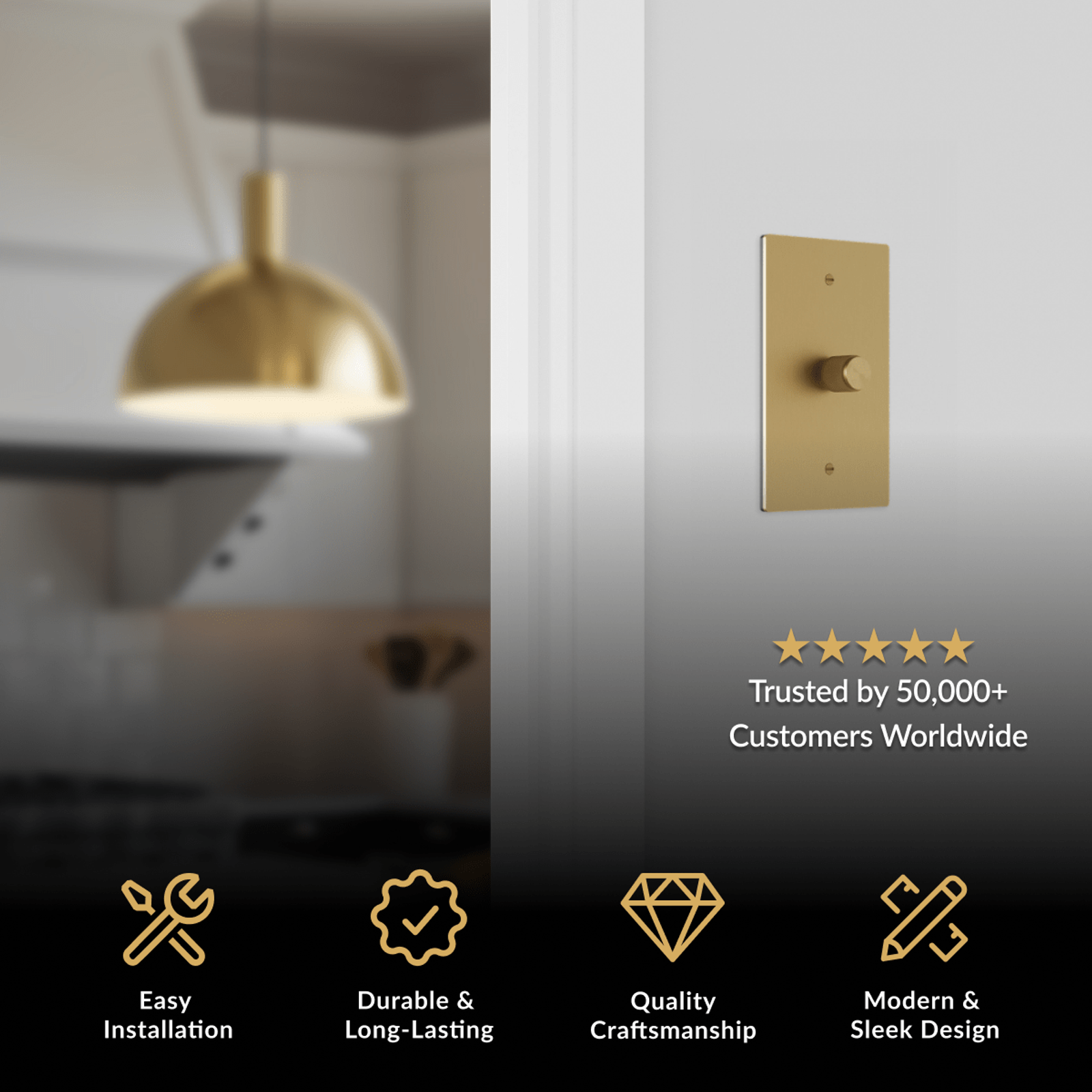 Modern Dimmer Switch in brushed gold on a white wall beside a kitchen with a gold dome pendant