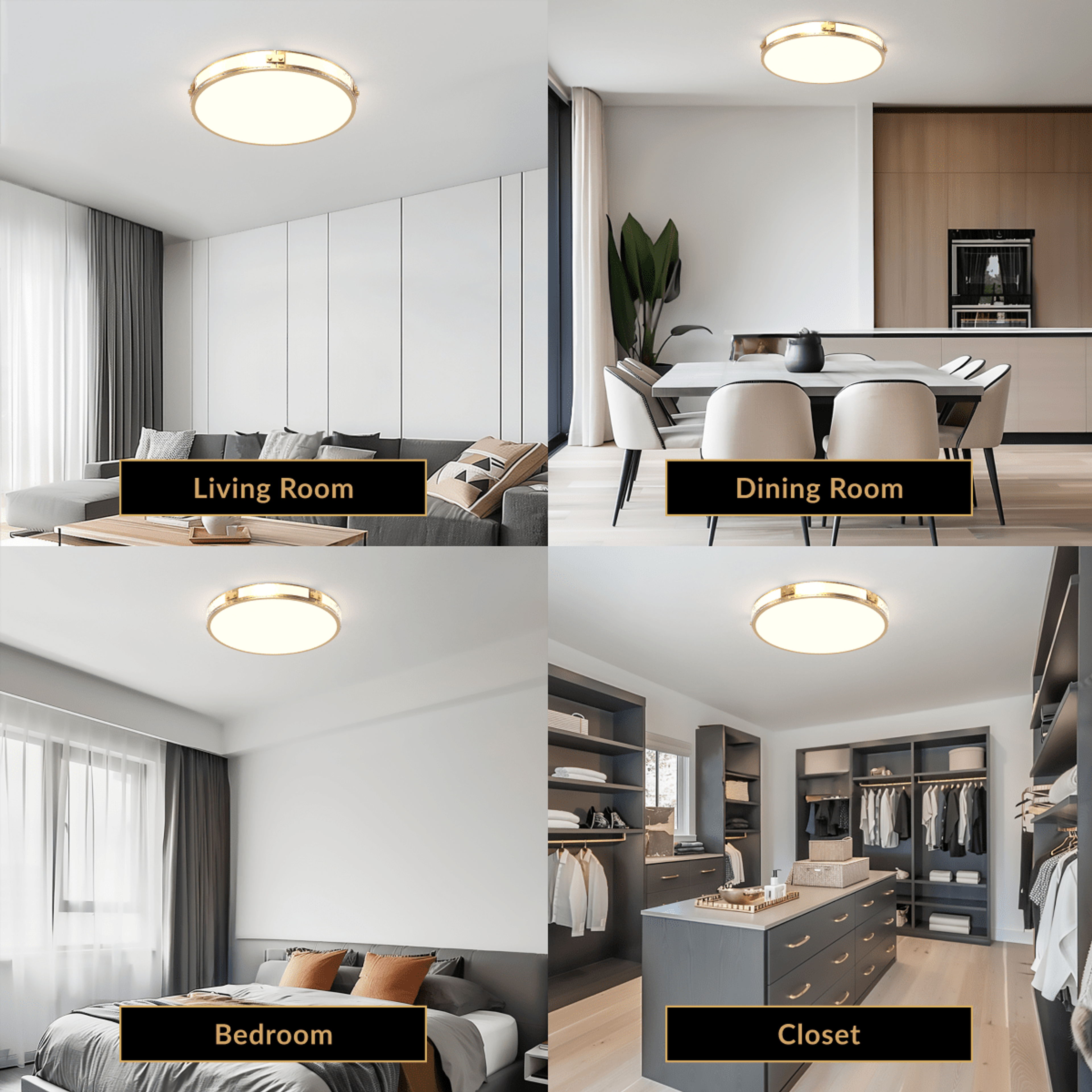 Orielle brushed-gold low-profile crystal flush-mount ceiling light in living, dining, bedroom and closet rooms