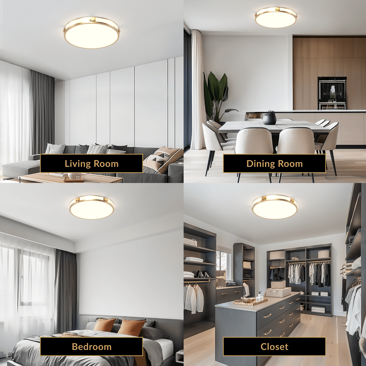 Orielle brushed-gold low-profile crystal flush-mount ceiling light in living, dining, bedroom and closet rooms