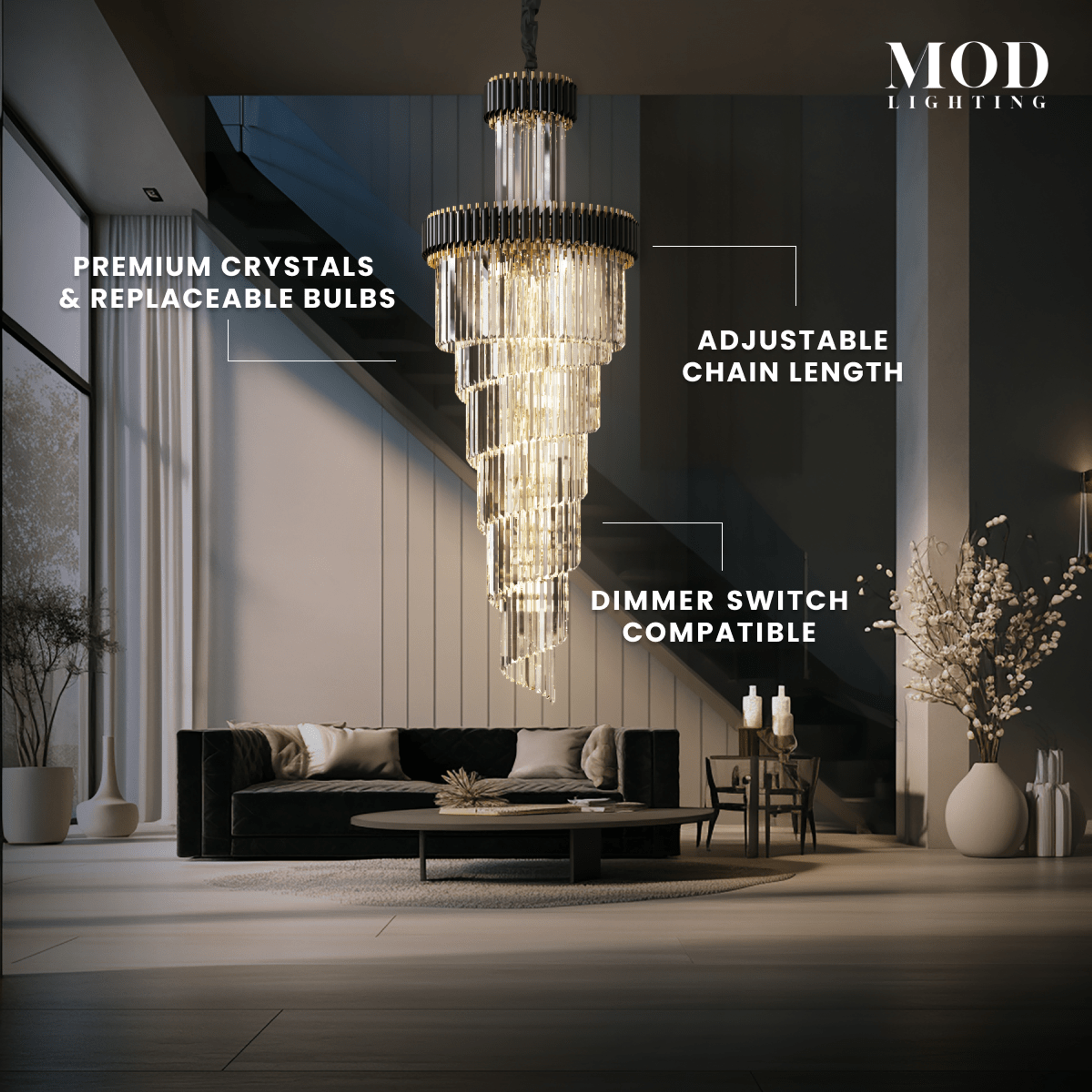 Onyx tall spiral crystal chandelier in a living room, noting premium crystals, adjustable chain and dimmer