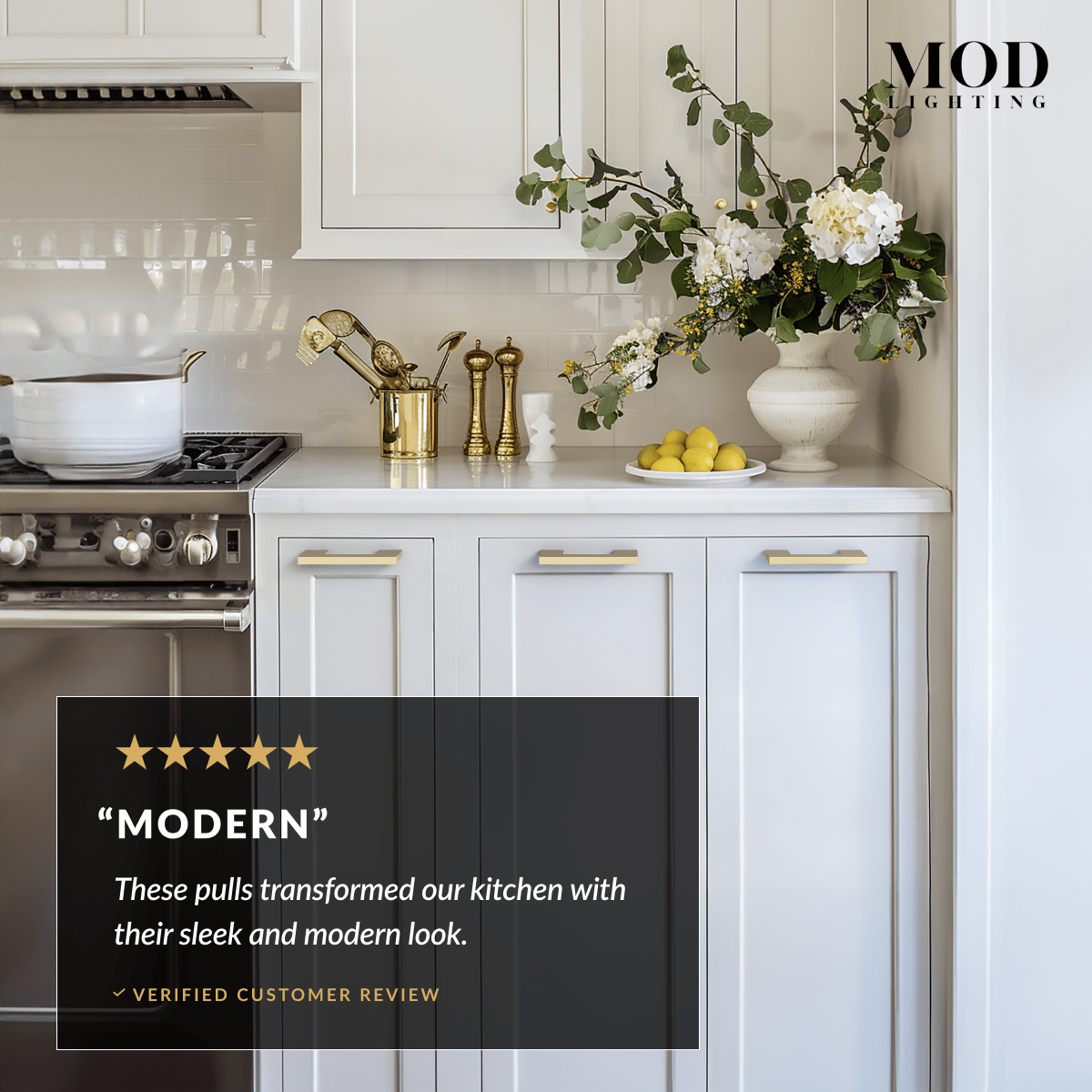 Maddison brushed-gold cabinet pulls on white kitchen cabinets with a five-star customer review overlay reading Modern