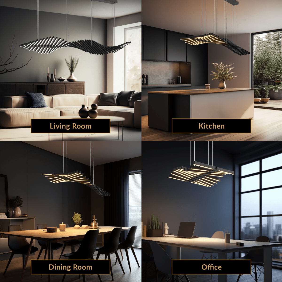 Sylas pendant, stacked tiers of black adjustable light bars angled into a wave over a living and dining area