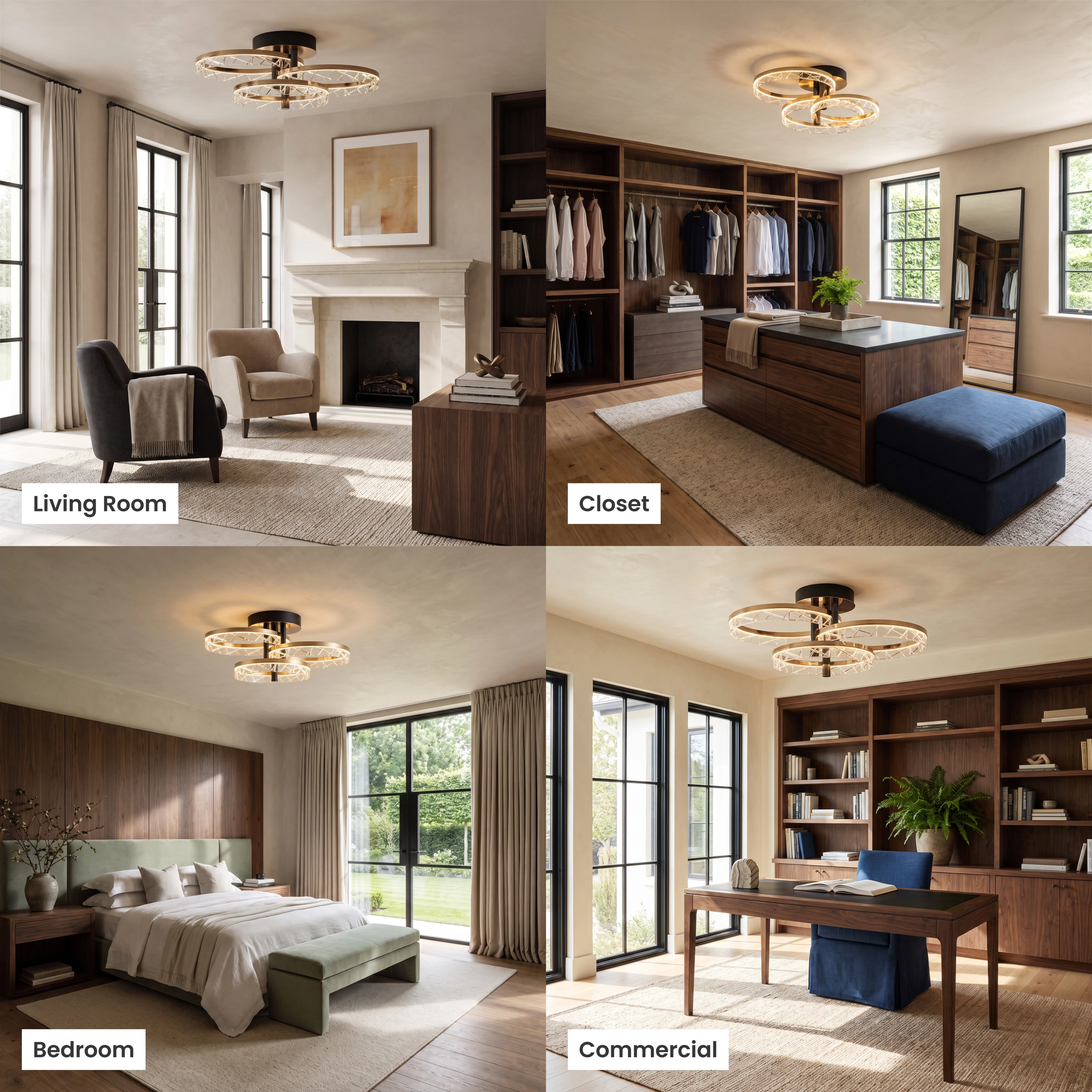 Clara Smart ceiling light shown in living room, closet, bedroom and commercial settings