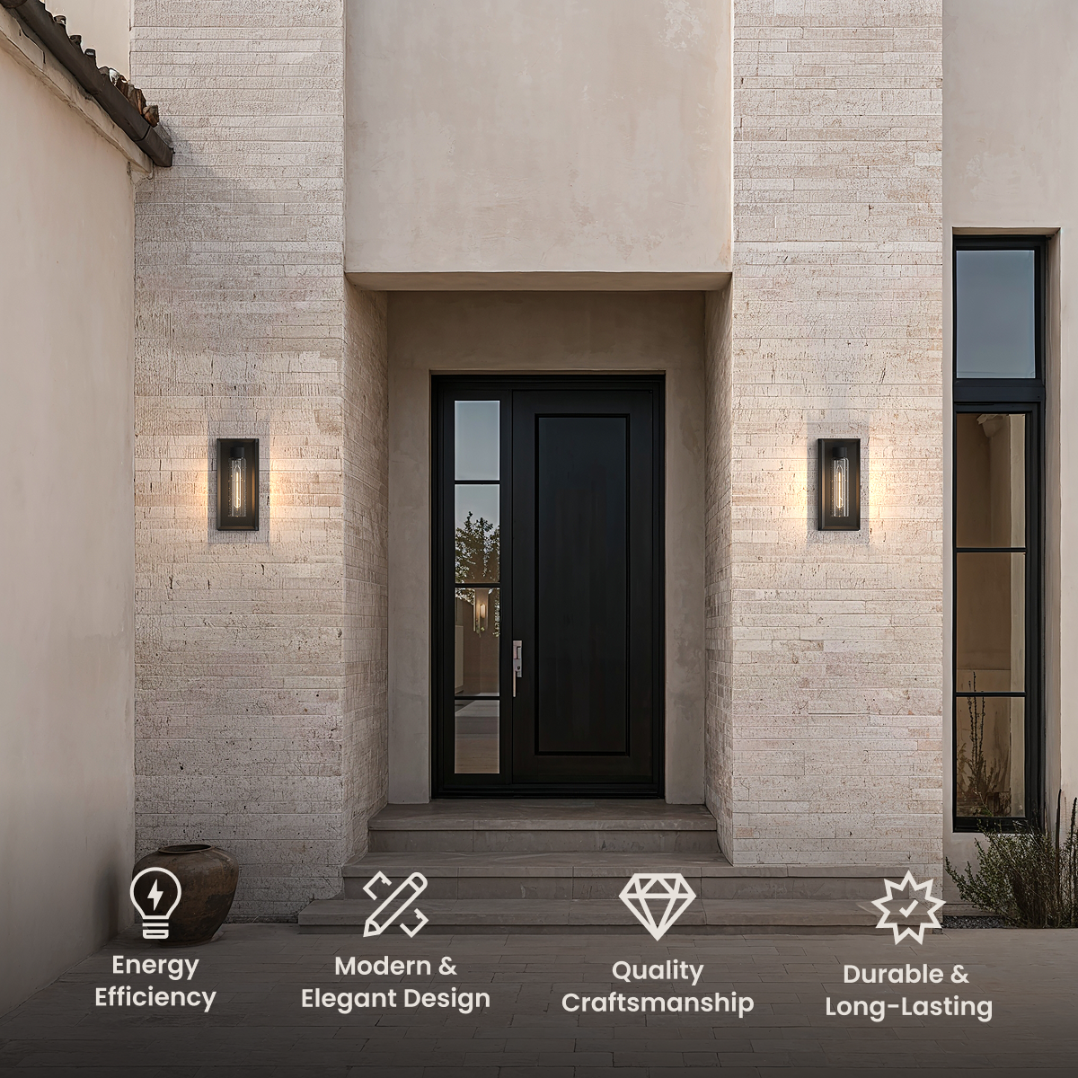 Lux outdoor sconces, rectangular black frames with textured glass flanking a black entry door on a stone facade