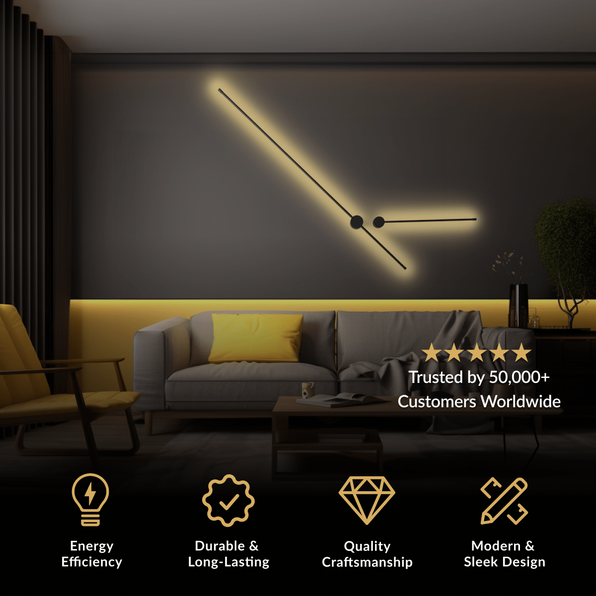 Cadel wall light, black molecule-style arms tipped with white glass globes mounted above a sofa and bed