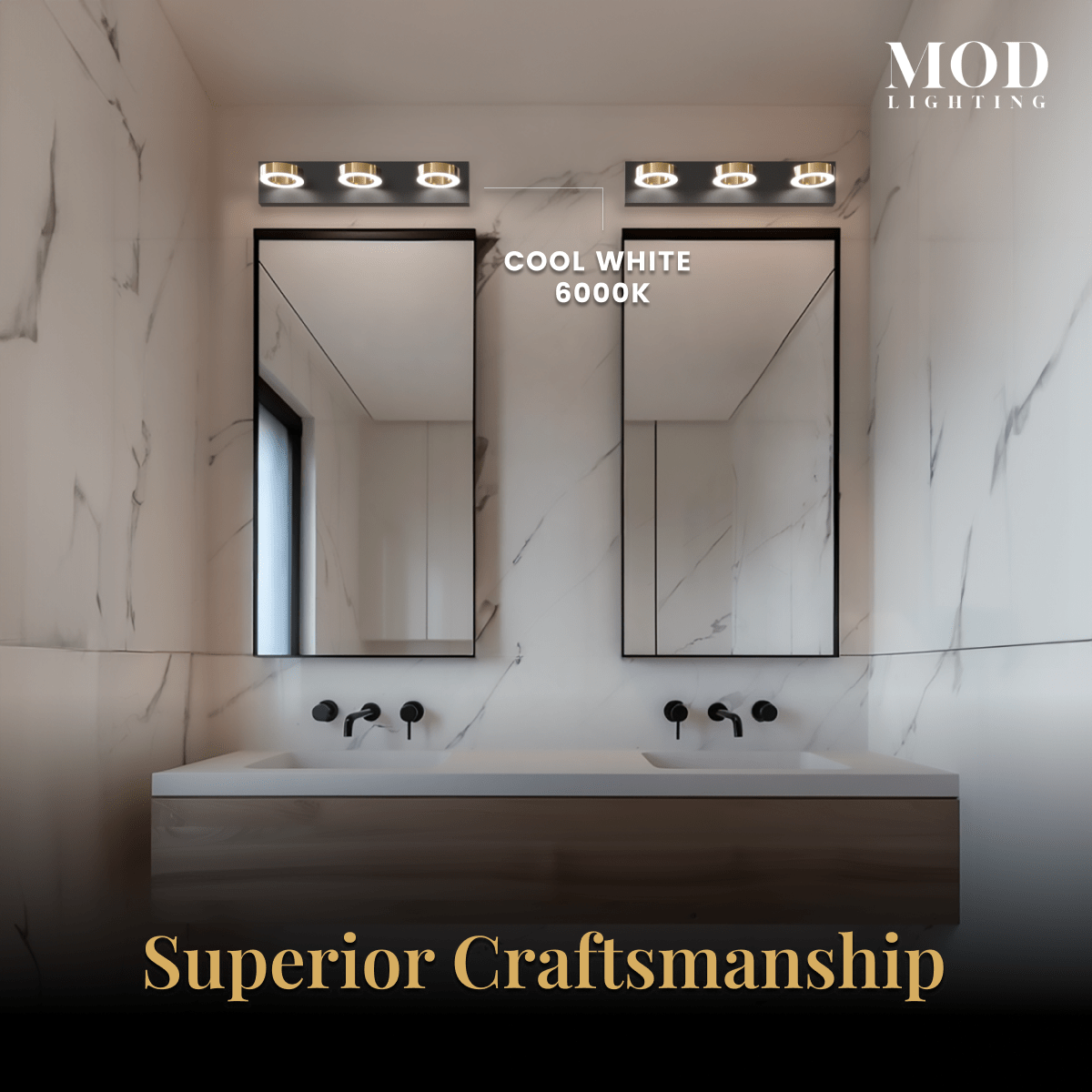 Aurora black three-light vanity fixture above a mirror in a dark modern bathroom, with a five-star review card