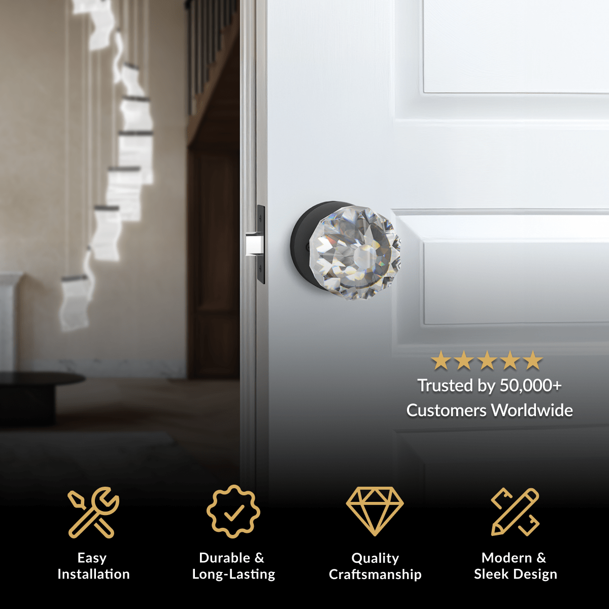 Regency Crystal Door Handle, faceted glass knob on chrome base, mounted on a white panel door by a staircase