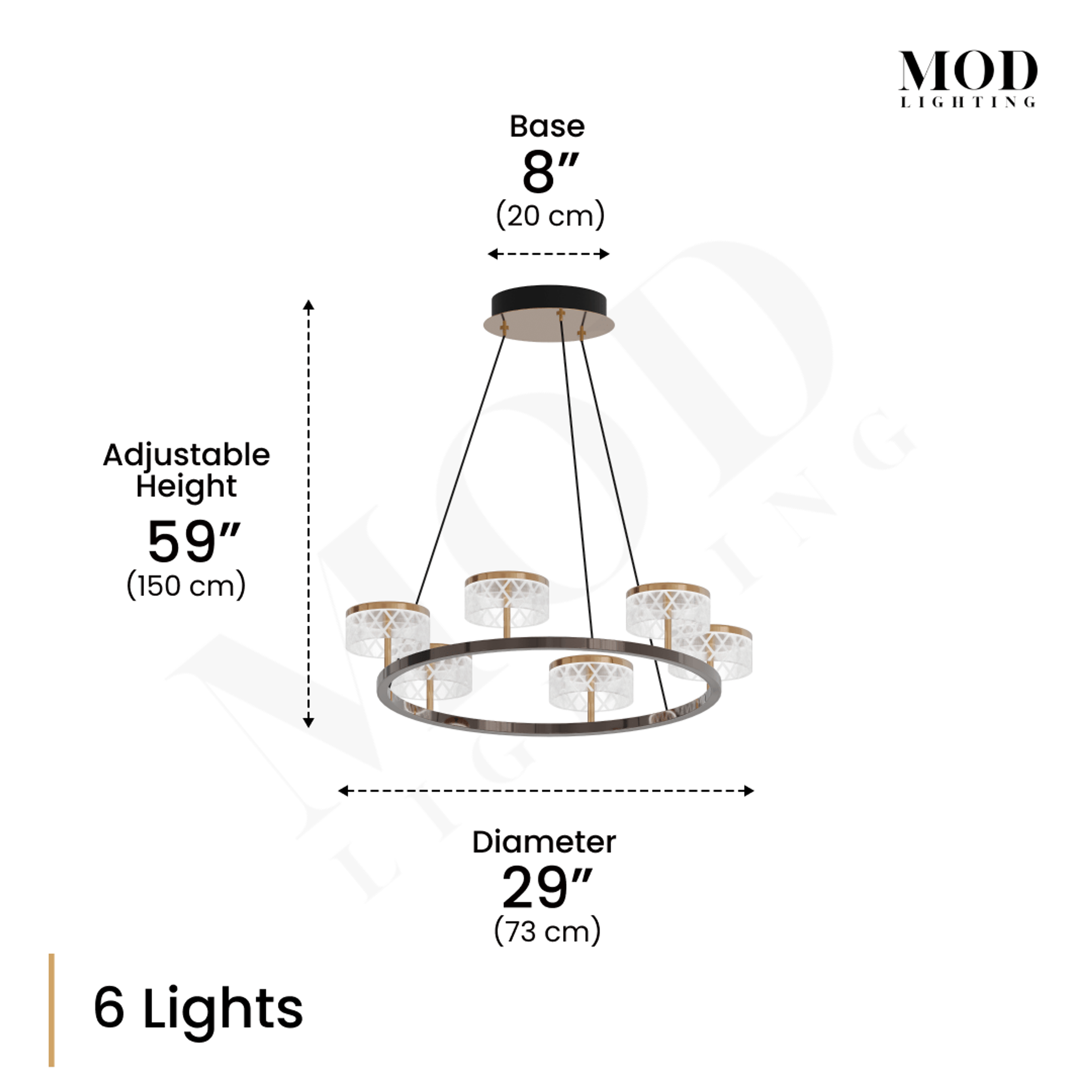 Emma chandelier dimension diagram: single ring of 6 lights, 29-inch diameter, 8-inch base, 59-inch adjustable height
