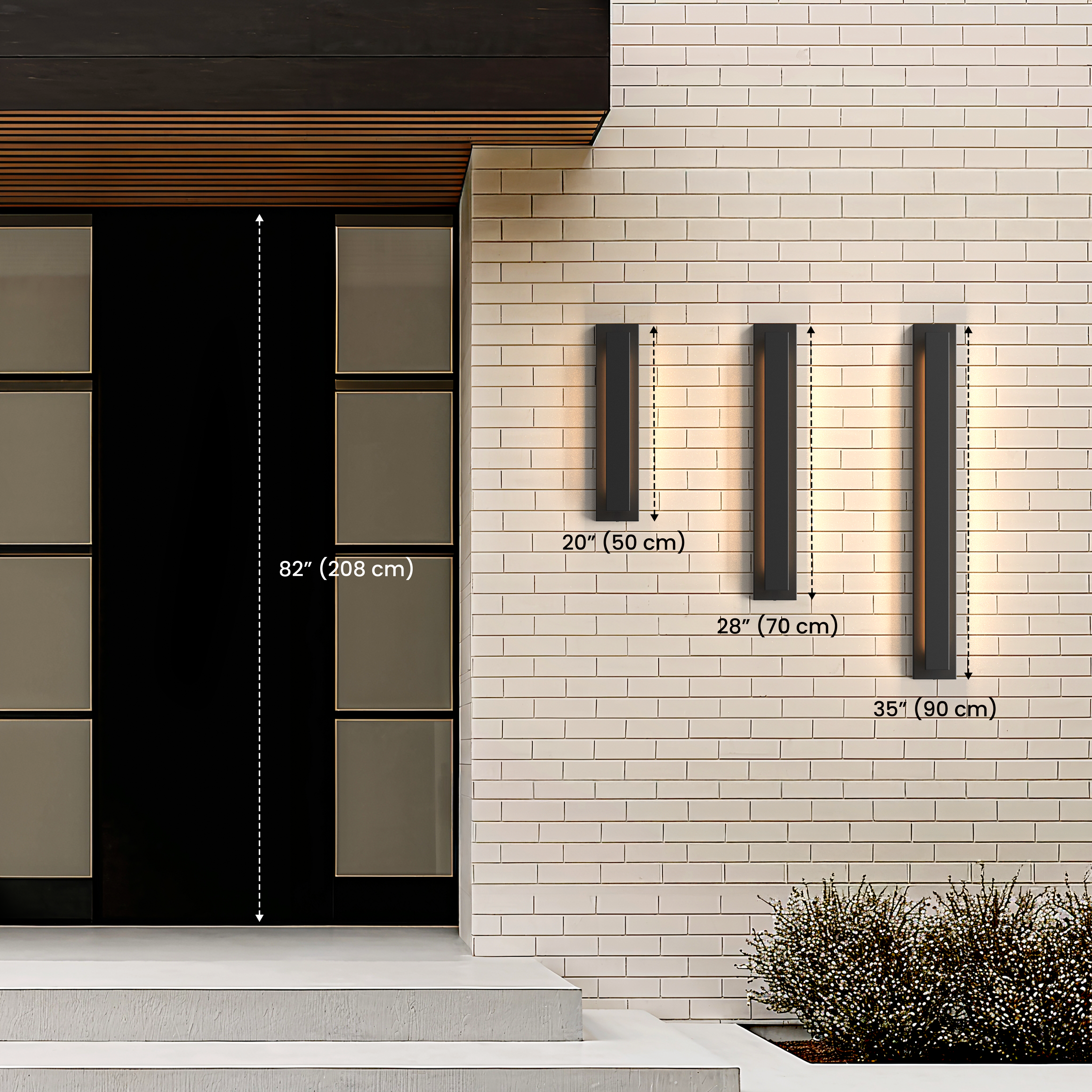 Vetra Smart size guide: 20, 28 and 35 inch sconces beside an 82 inch door for scale