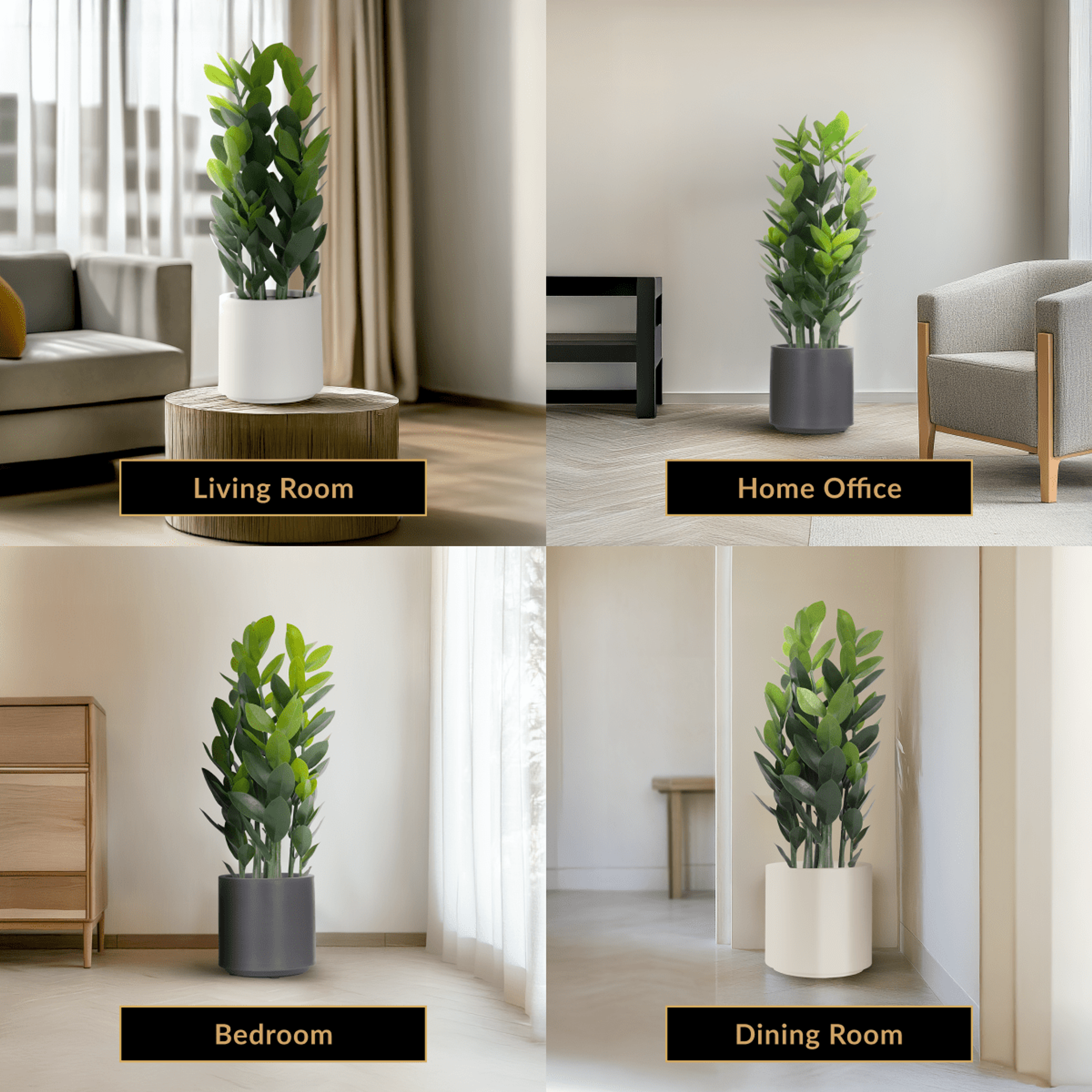 ZZ Plant artificial greenery in white and grey pots, staged in a living room, home office, bedroom and dining room