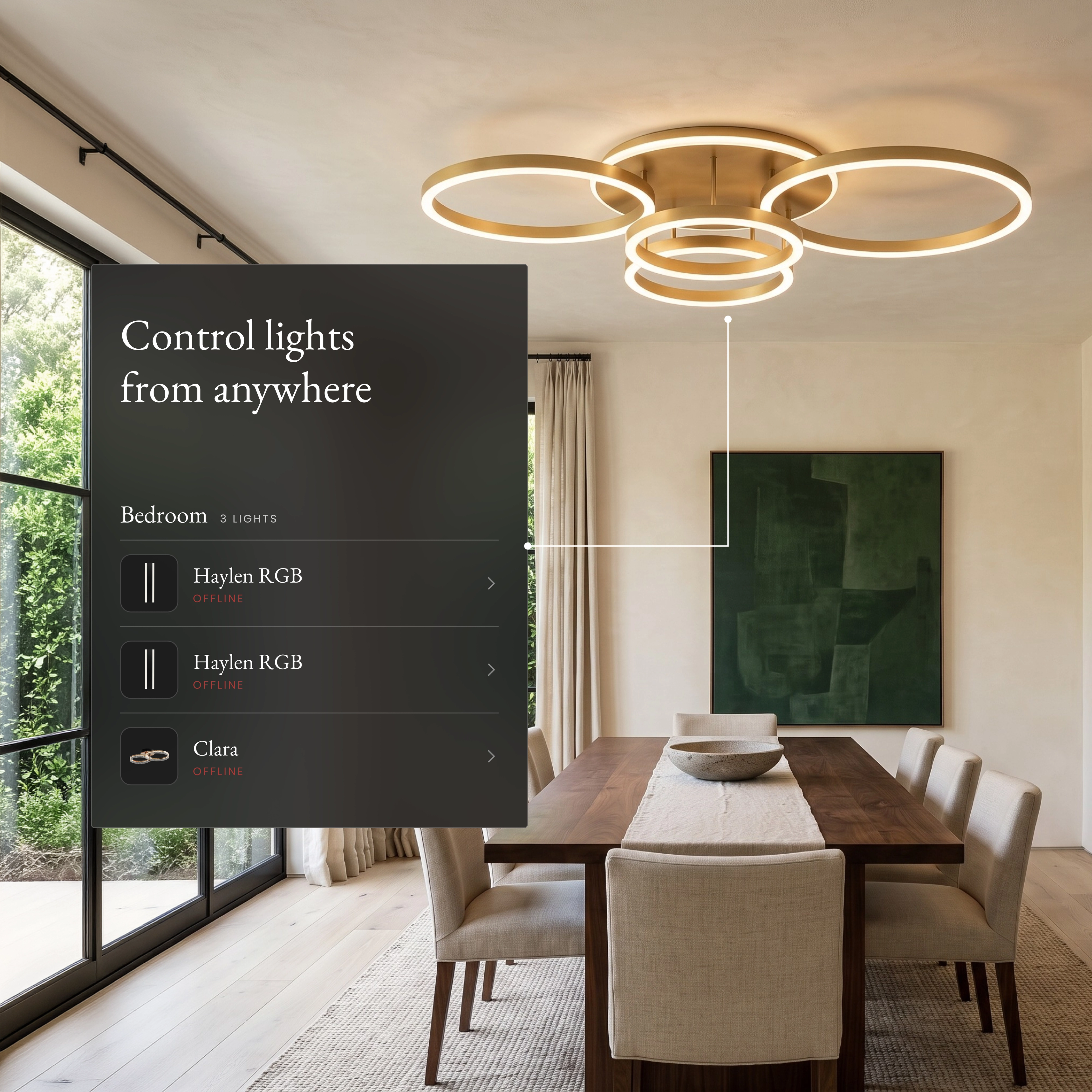Gold Chloe Smart ceiling light over a dining table with the app room list for control from anywhere