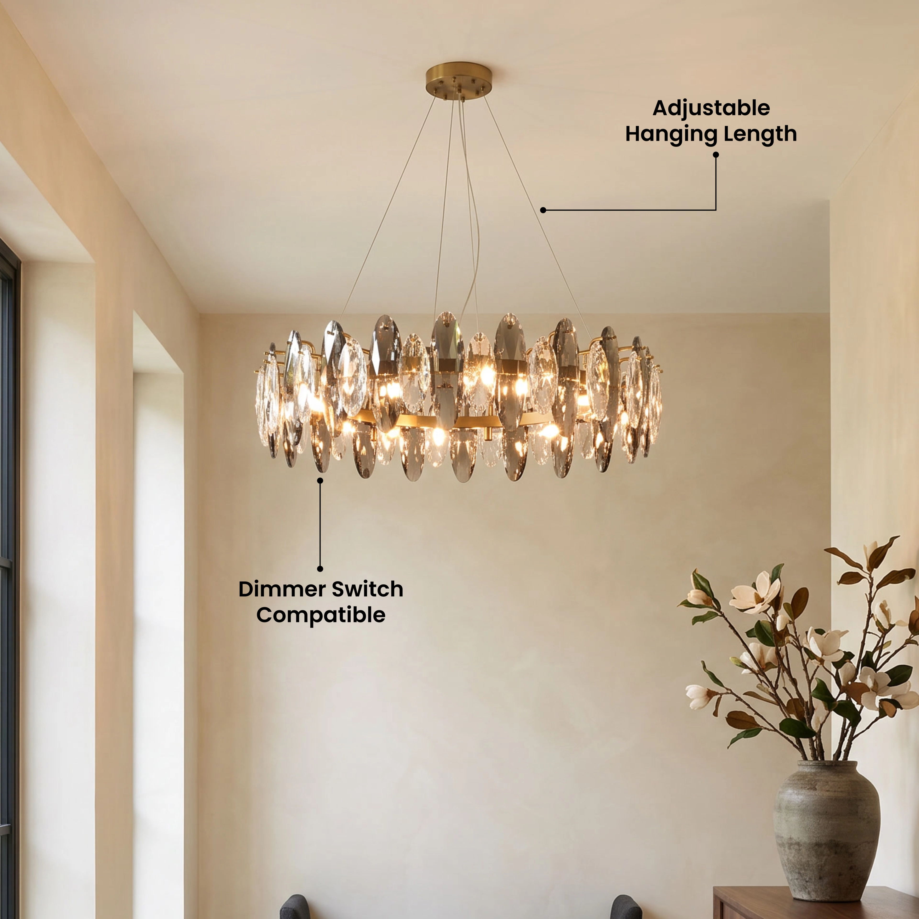Celestial gold and smoke-crystal chandelier in a beige bedroom, five-star customer review overlay