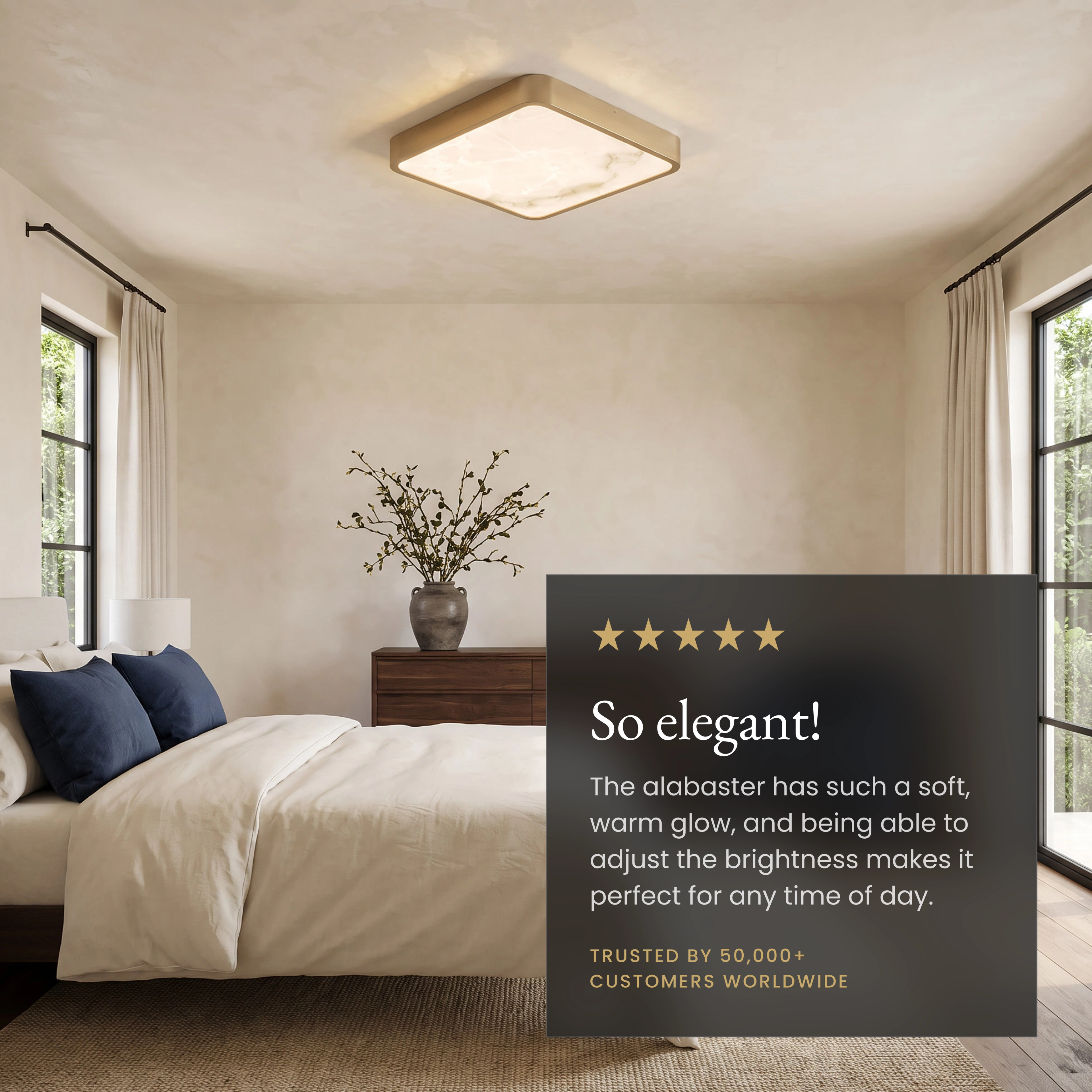 Selene Smart square alabaster ceiling light in a bedroom beside a five-star customer review
