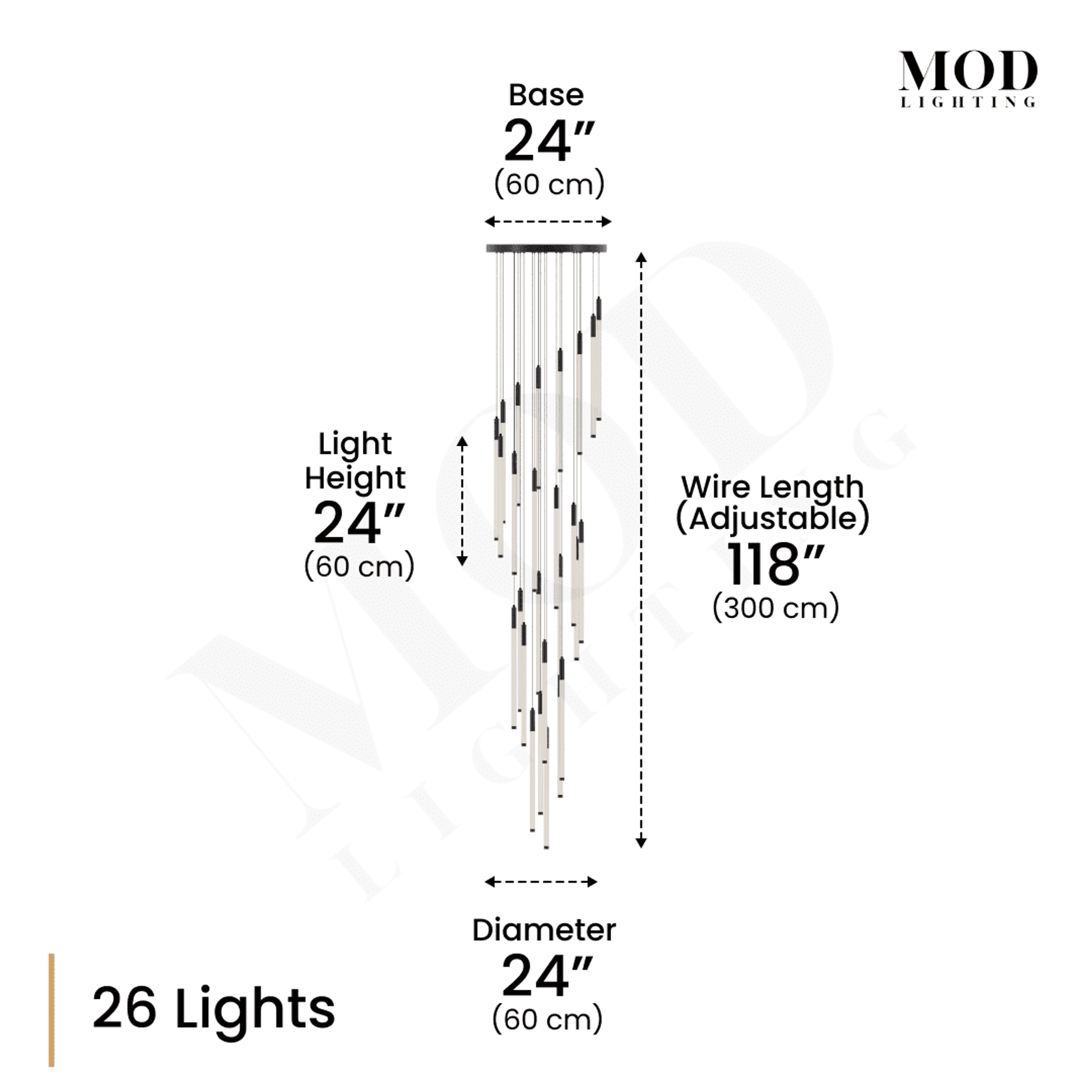 Kasper black cascading light-bar chandelier, 26 slim vertical rods, dimension diagram: 24" base, 118" wire